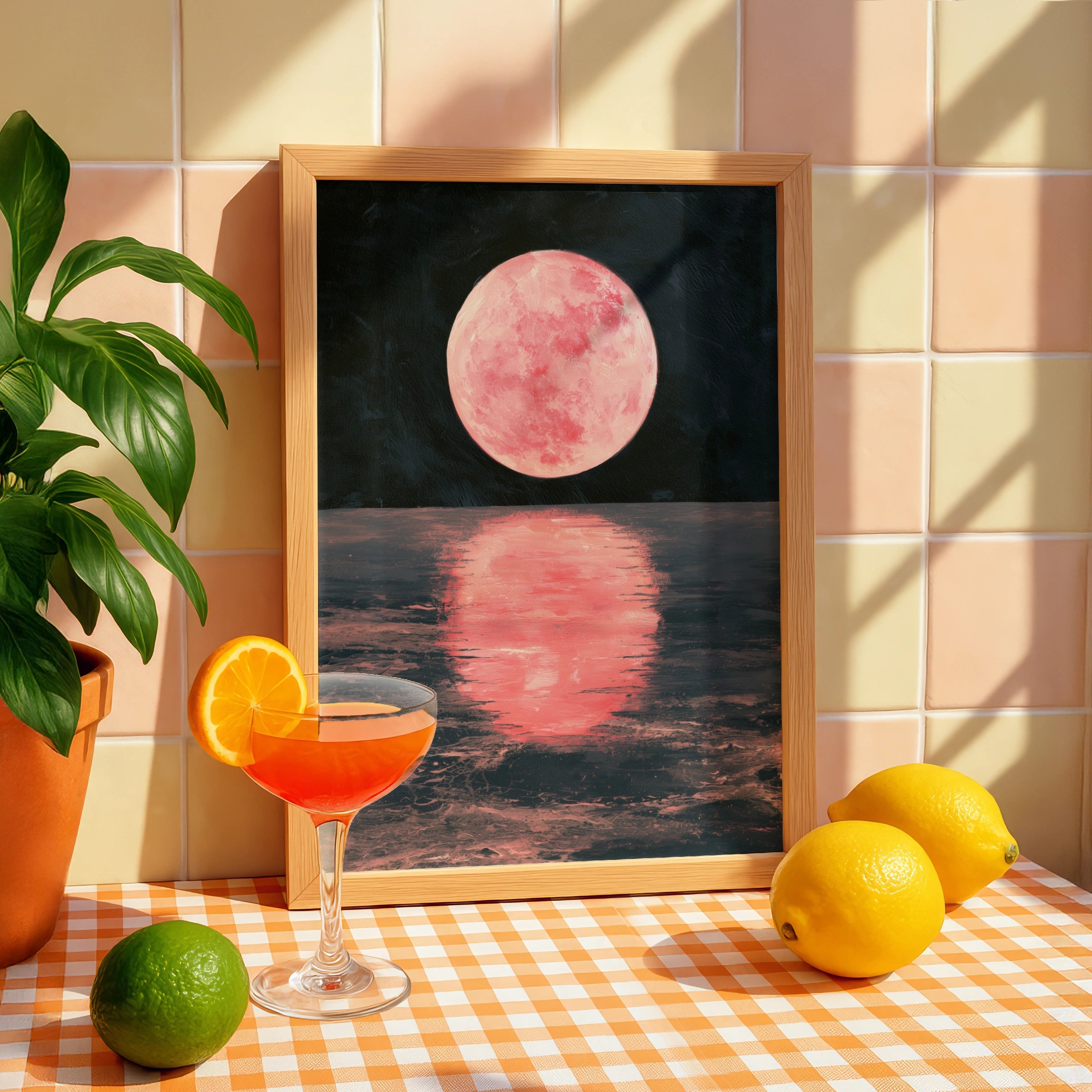 Pink Moon Reflection Art Print, Serene Night Sky Poster, Calm Nature Decor