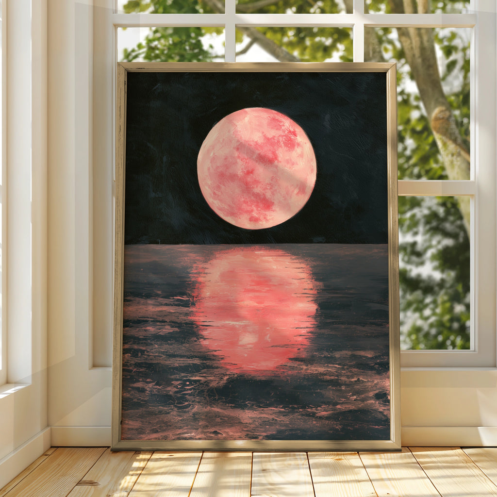 Pink Moon Reflection Art Print, Serene Night Sky Poster, Calm Nature Decor