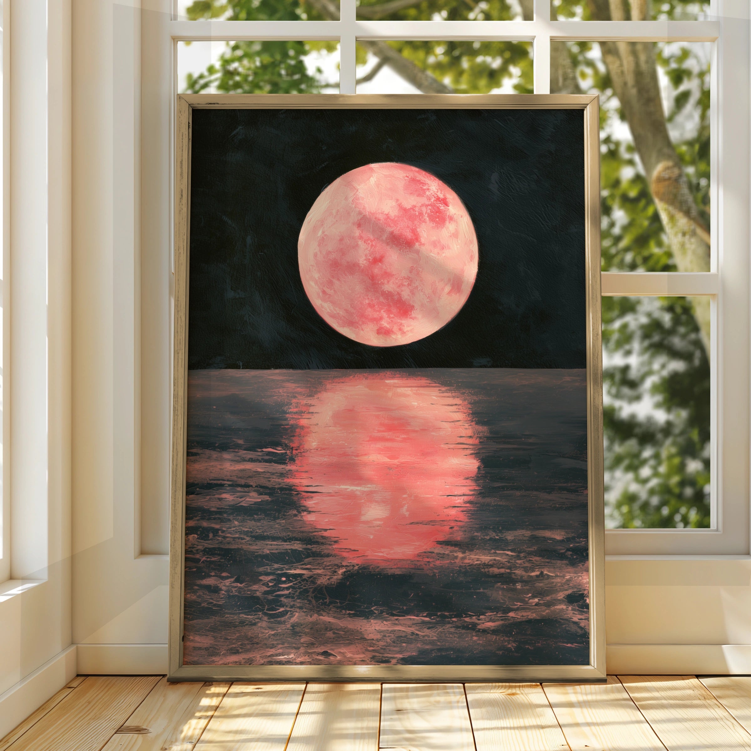 Pink Moon Reflection Art Print, Serene Night Sky Poster, Calm Nature Decor