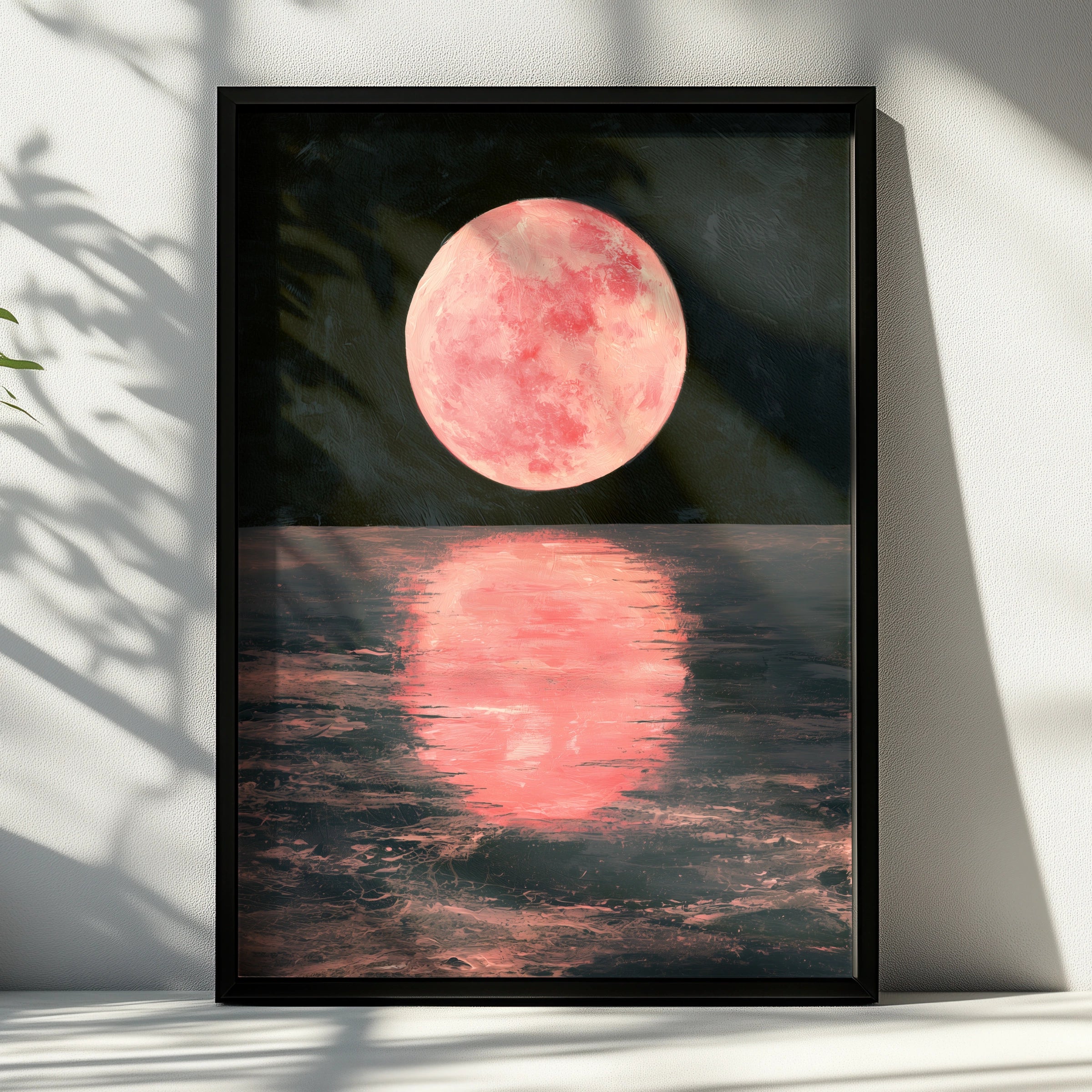 Pink Moon Reflection Art Print, Serene Night Sky Poster, Calm Nature Decor