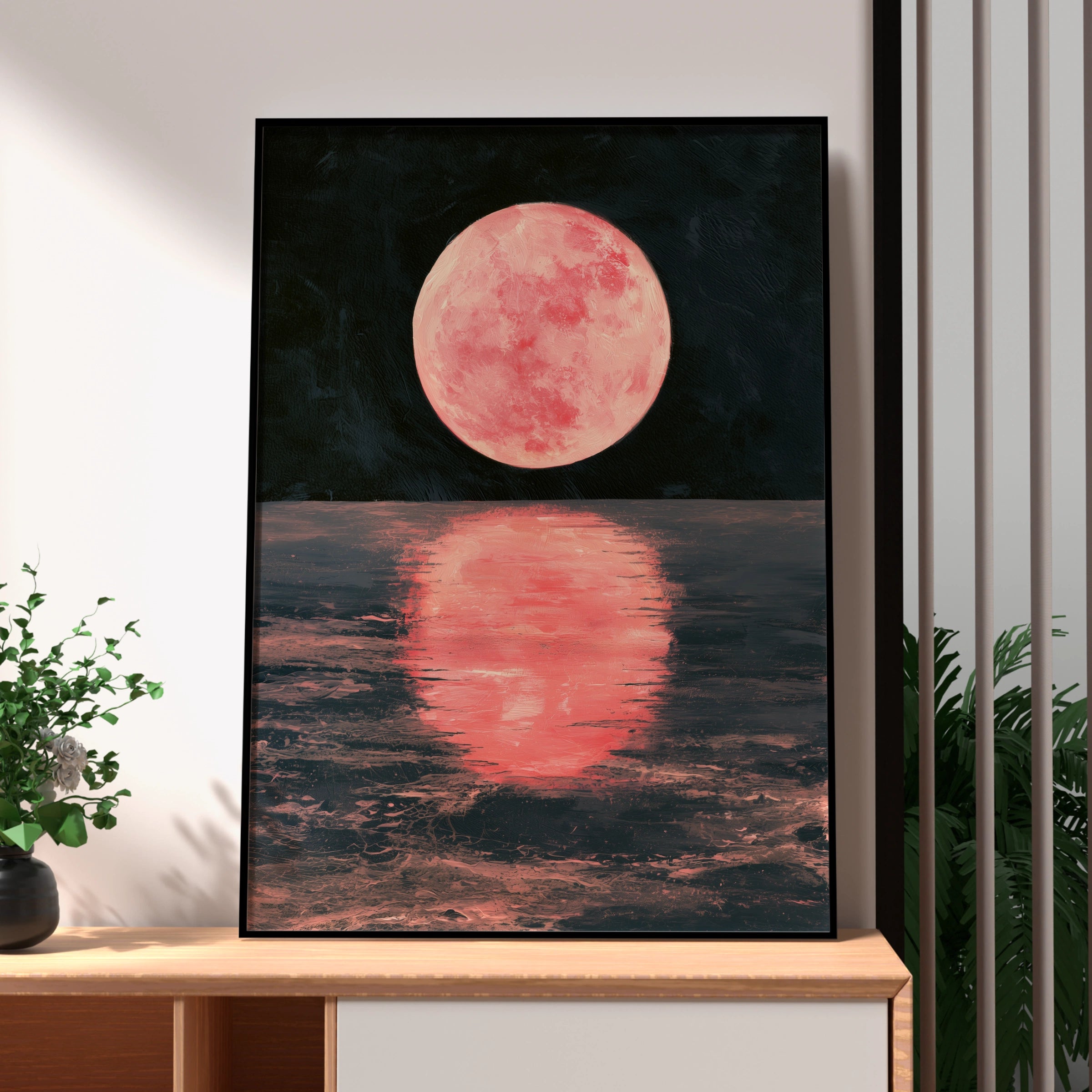 Pink Moon Reflection Art Print, Serene Night Sky Poster, Calm Nature Decor