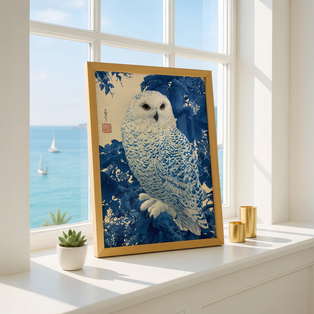 Snowy Owl Art Print, Japanese Style Wall Decor, Blue Nature Poster, Minimalist Home Decor