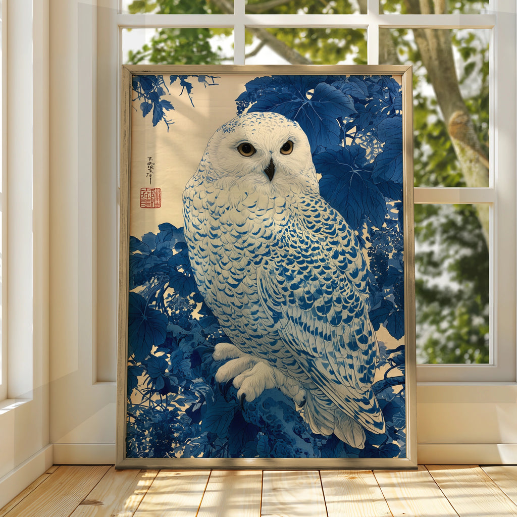 Snowy Owl Art Print, Japanese Style Wall Decor, Blue Nature Poster, Minimalist Home Decor