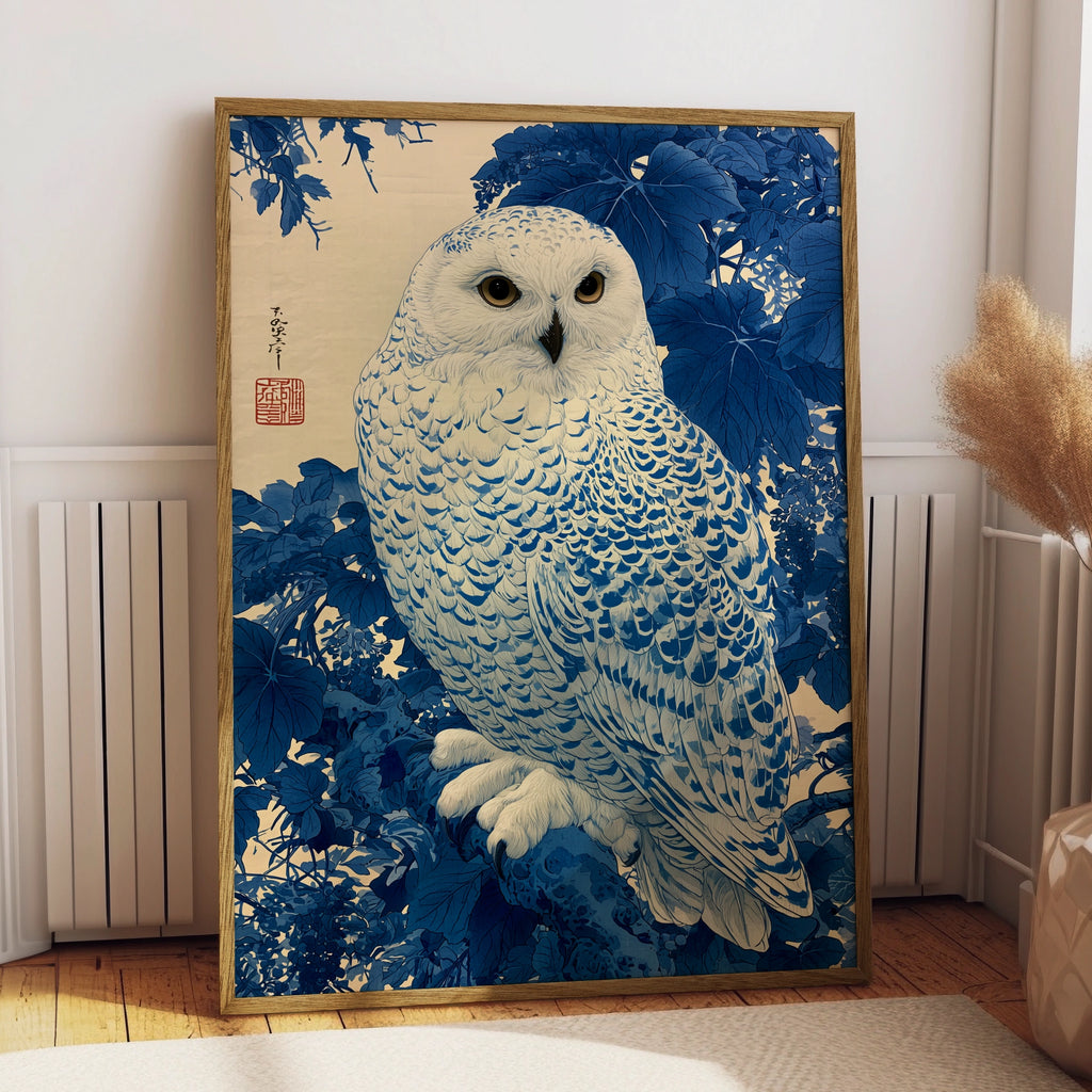 Snowy Owl Art Print, Japanese Style Wall Decor, Blue Nature Poster, Minimalist Home Decor