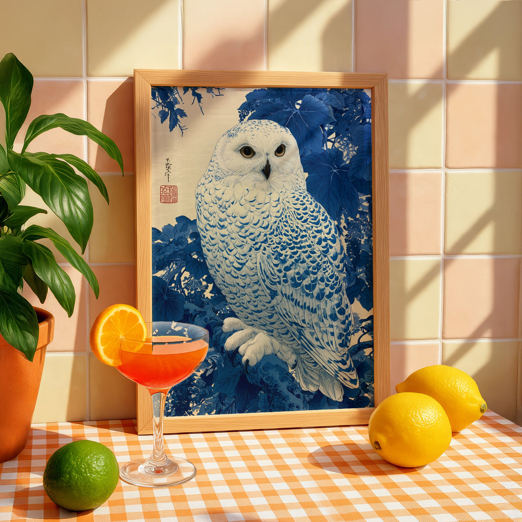 Snowy Owl Art Print, Japanese Style Wall Decor, Blue Nature Poster, Minimalist Home Decor