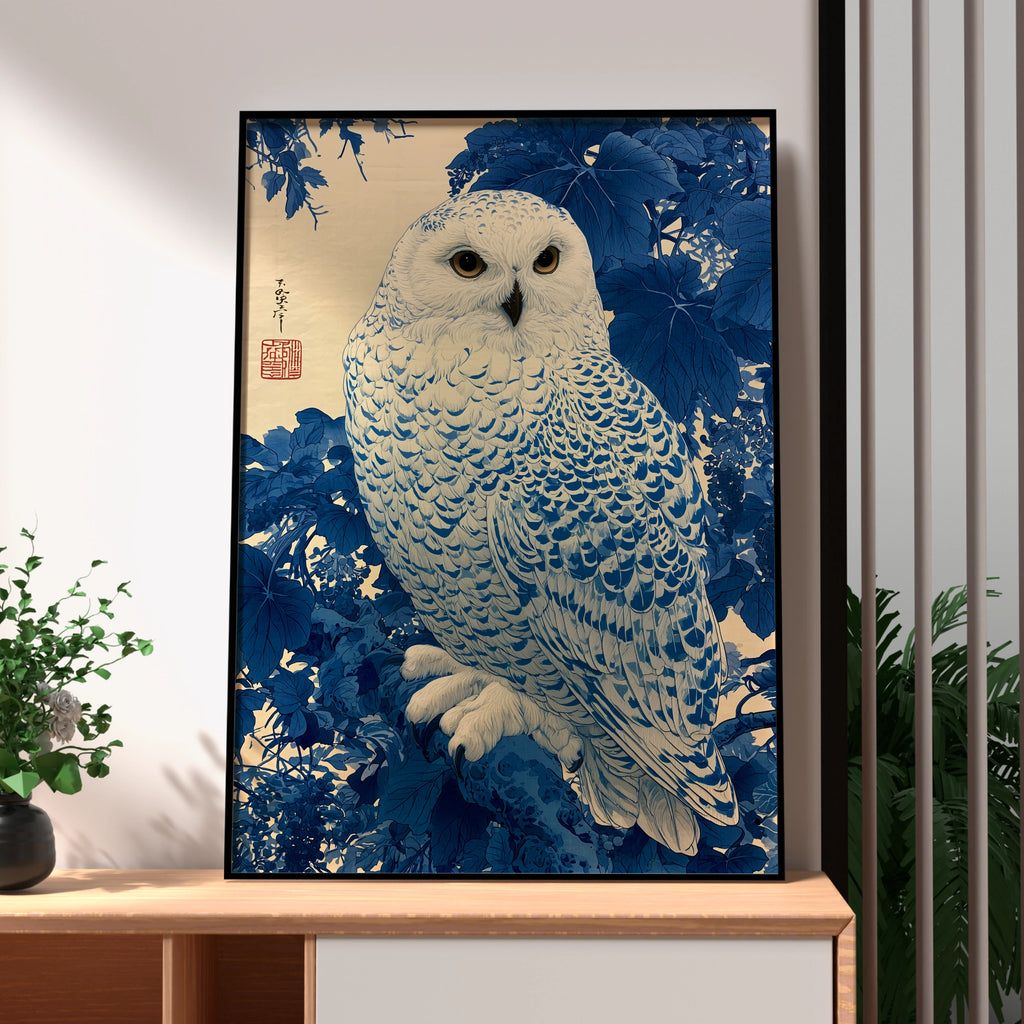 Snowy Owl Art Print, Japanese Style Wall Decor, Blue Nature Poster, Minimalist Home Decor