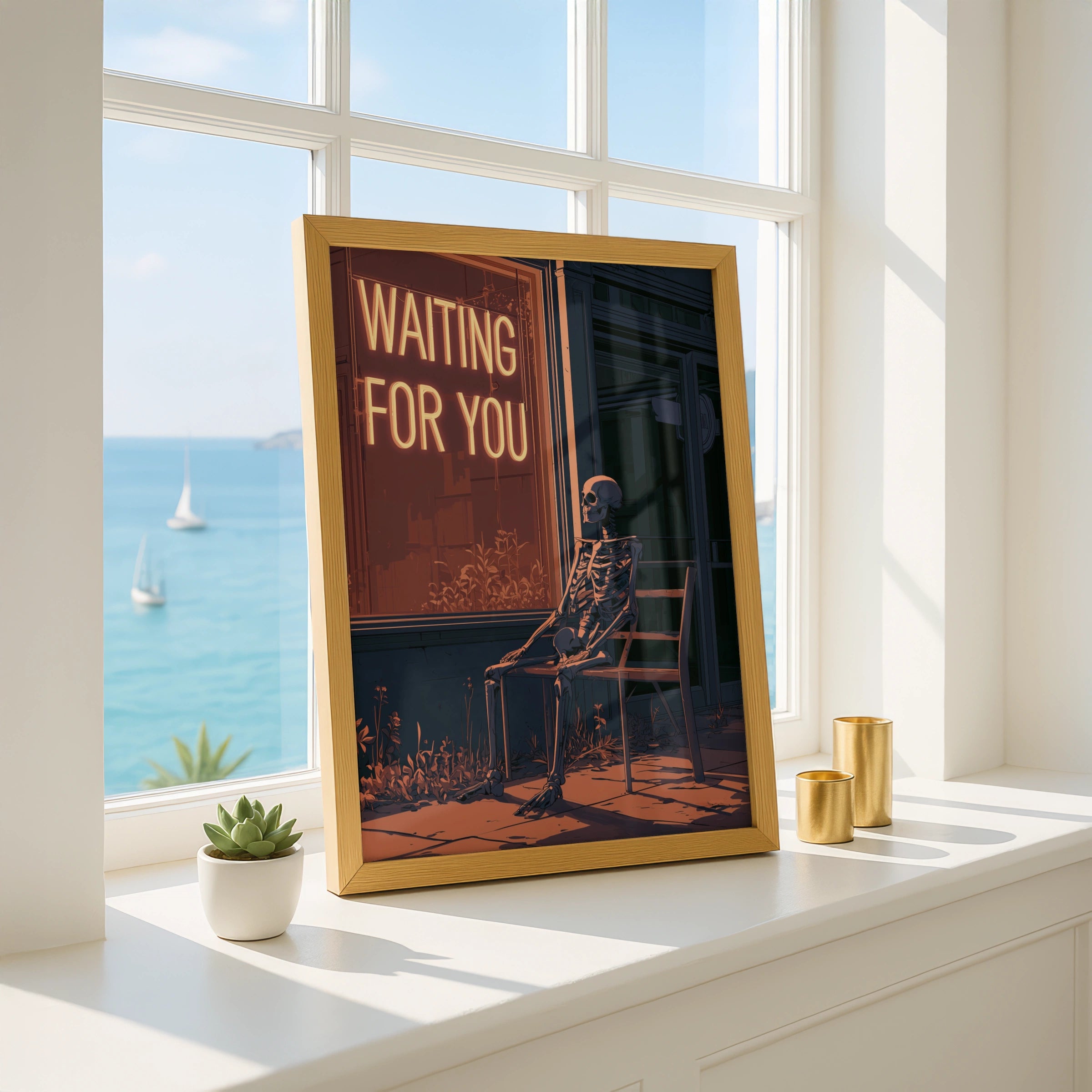 Skeleton Waiting for You, Unique Wall Art Print, Quirky Home Decor, Vintage Style, Spooky Aesthetic