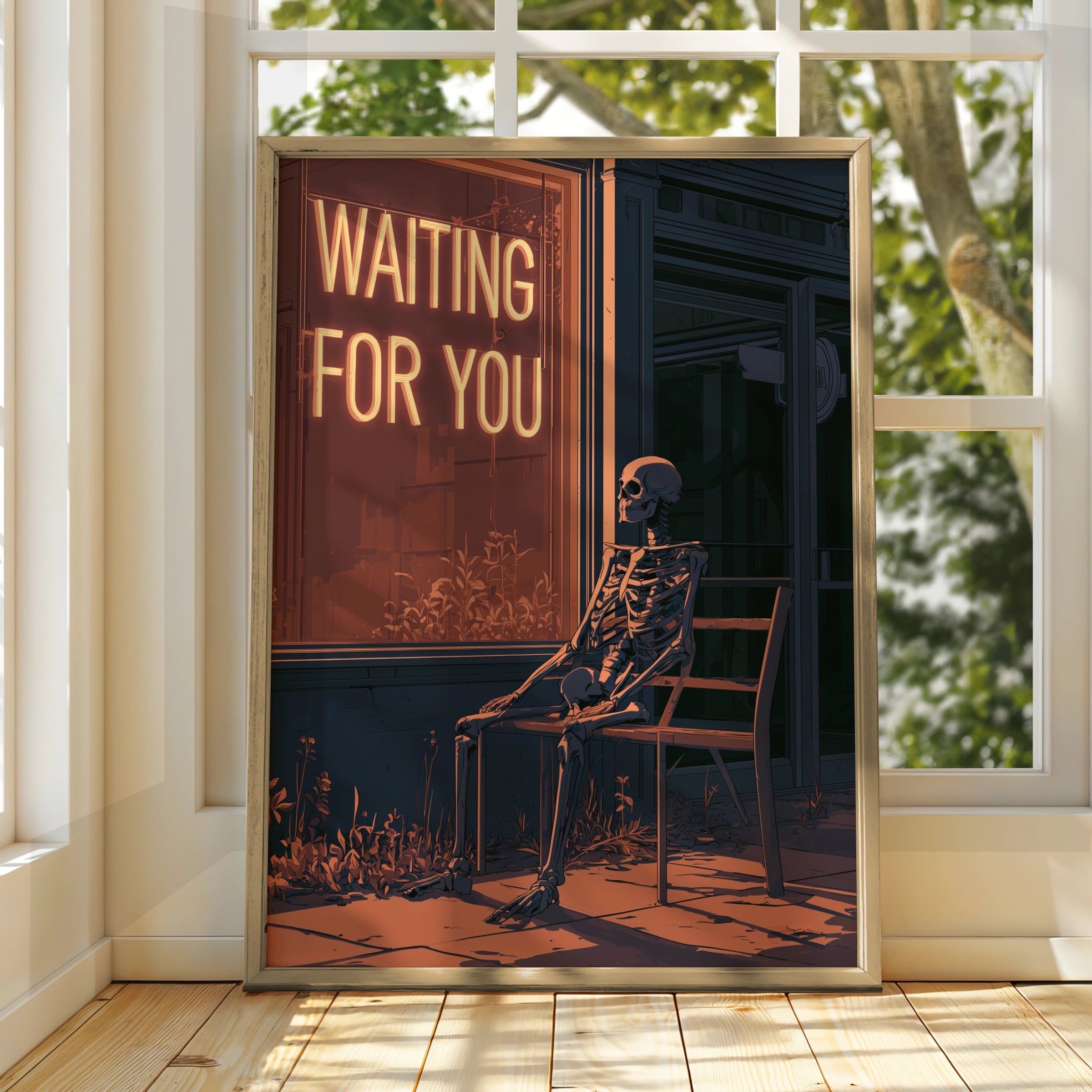 Skeleton Waiting for You, Unique Wall Art Print, Quirky Home Decor, Vintage Style, Spooky Aesthetic