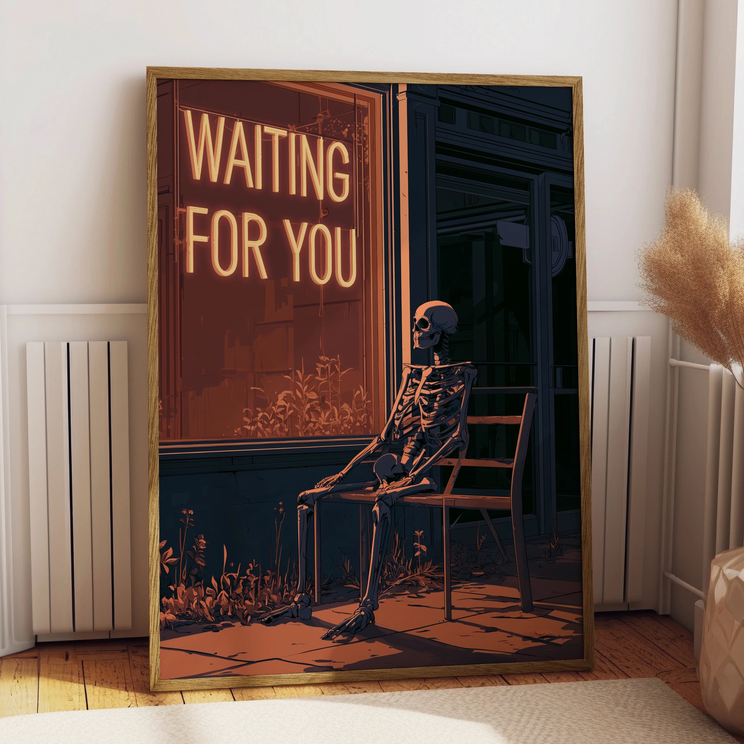 Skeleton Waiting for You, Unique Wall Art Print, Quirky Home Decor, Vintage Style, Spooky Aesthetic