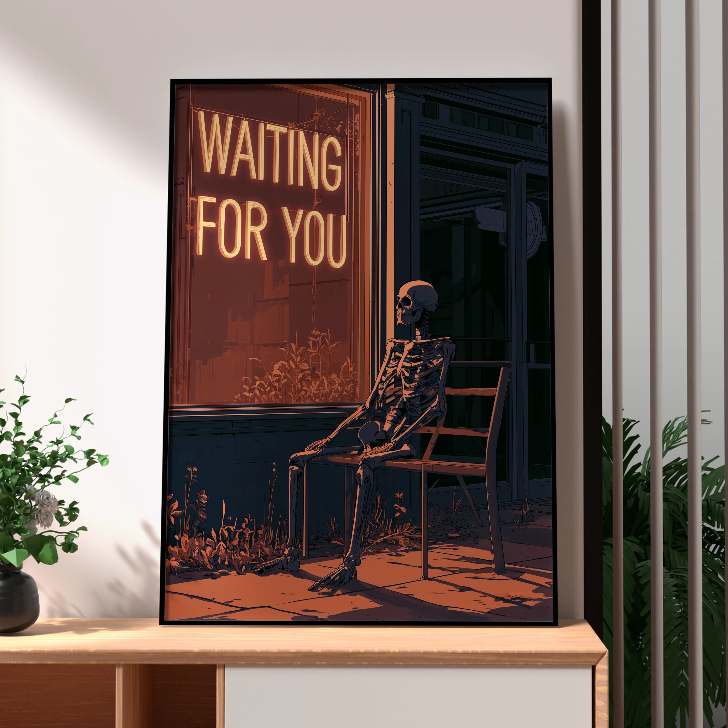 Skeleton Waiting for You, Unique Wall Art Print, Quirky Home Decor, Vintage Style, Spooky Aesthetic