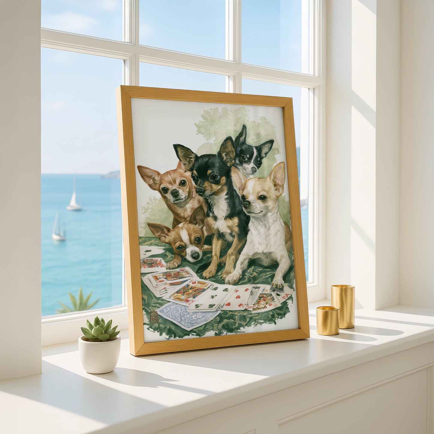 Chihuahua Dogs Playing Cards Art Print, Fun Wall Decor, Cute Dog Illustration, Animal Lover Gift