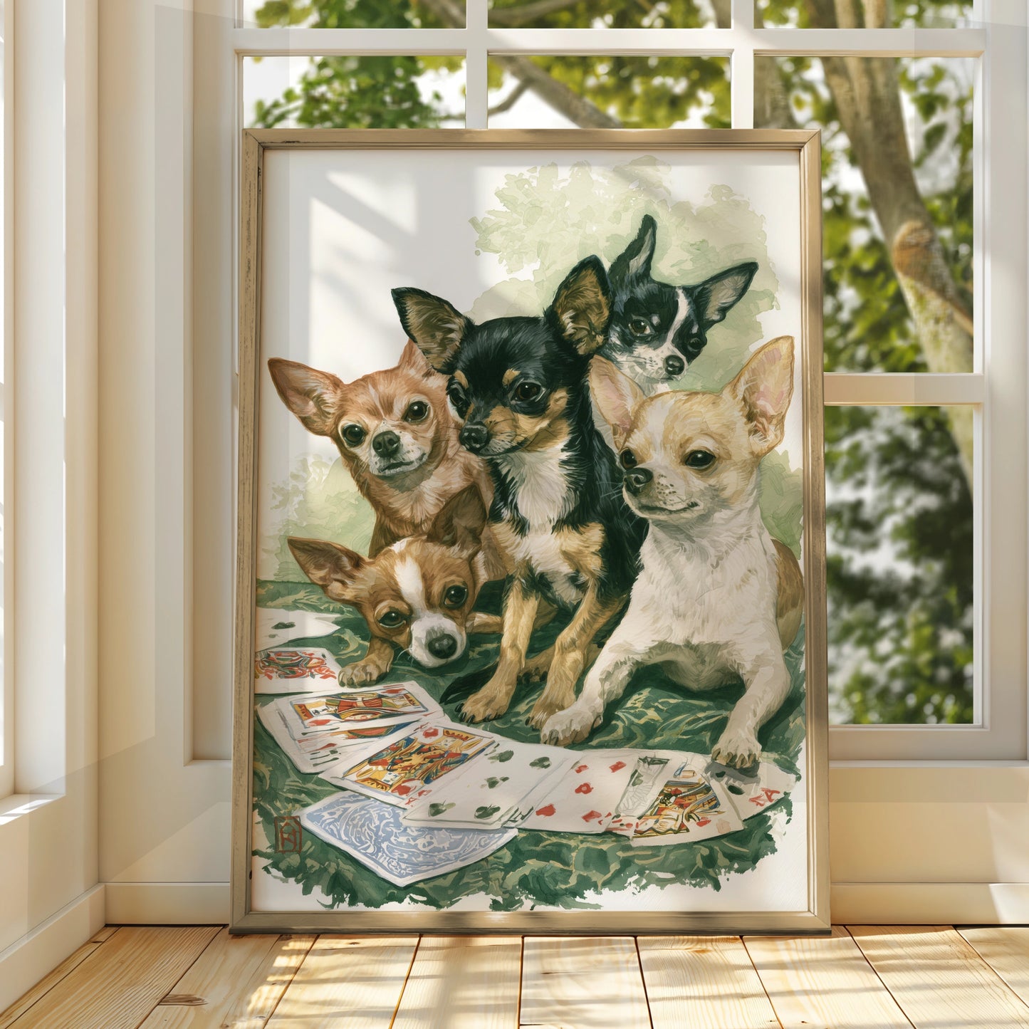 Chihuahua Dogs Playing Cards Art Print, Fun Wall Decor, Cute Dog Illustration, Animal Lover Gift