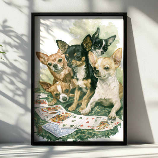 Chihuahua Dogs Playing Cards Art Print, Fun Wall Decor, Cute Dog Illustration, Animal Lover Gift