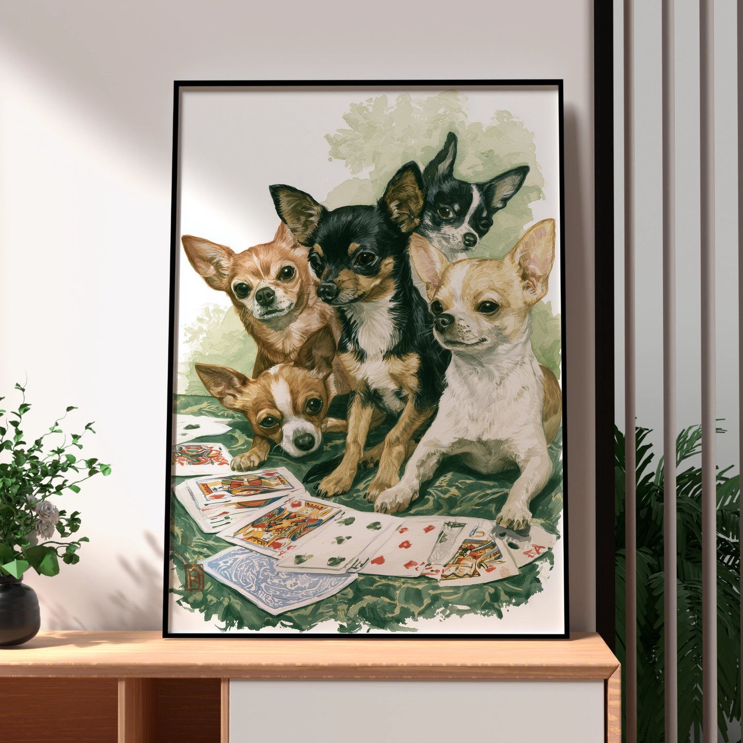 Chihuahua Dogs Playing Cards Art Print, Fun Wall Decor, Cute Dog Illustration, Animal Lover Gift