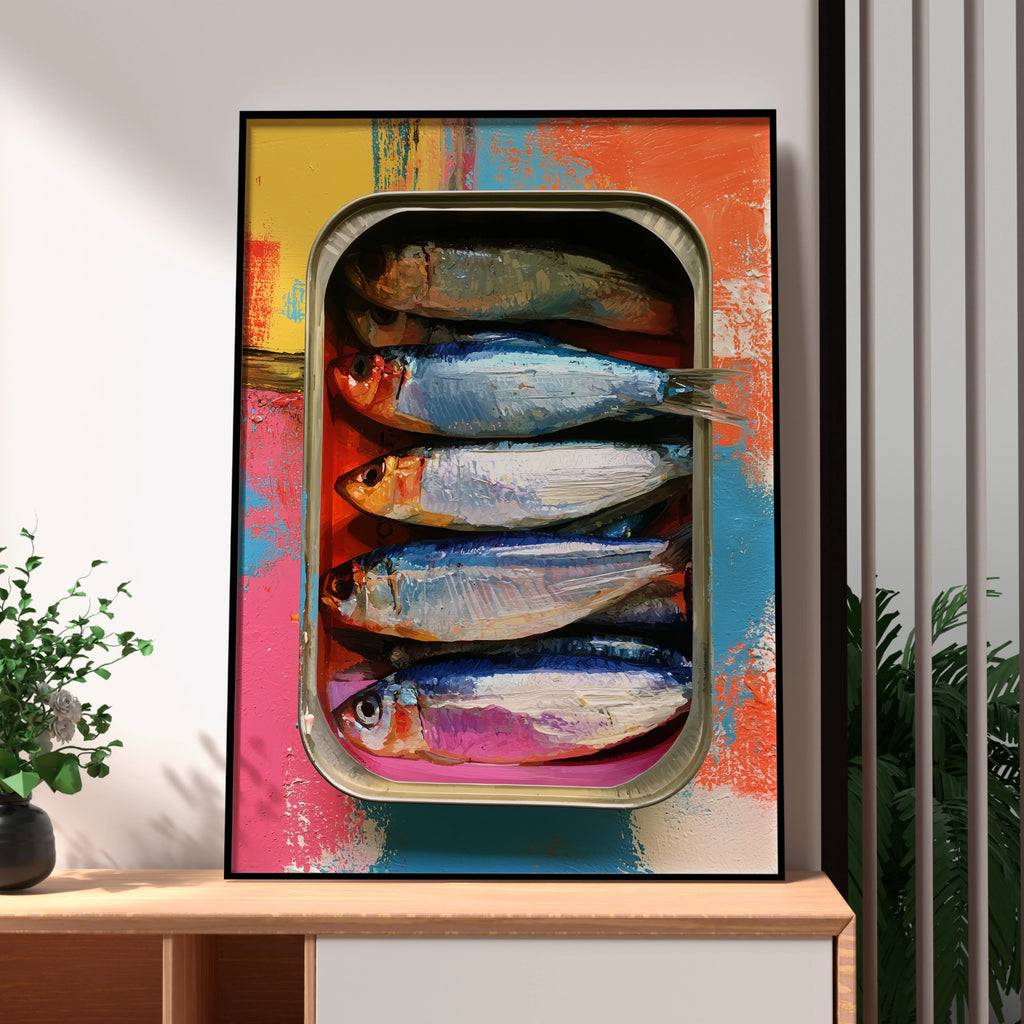 Sardines in a Tray Art Print, Colourful Fish Wall Art, Modern Kitchen Decor