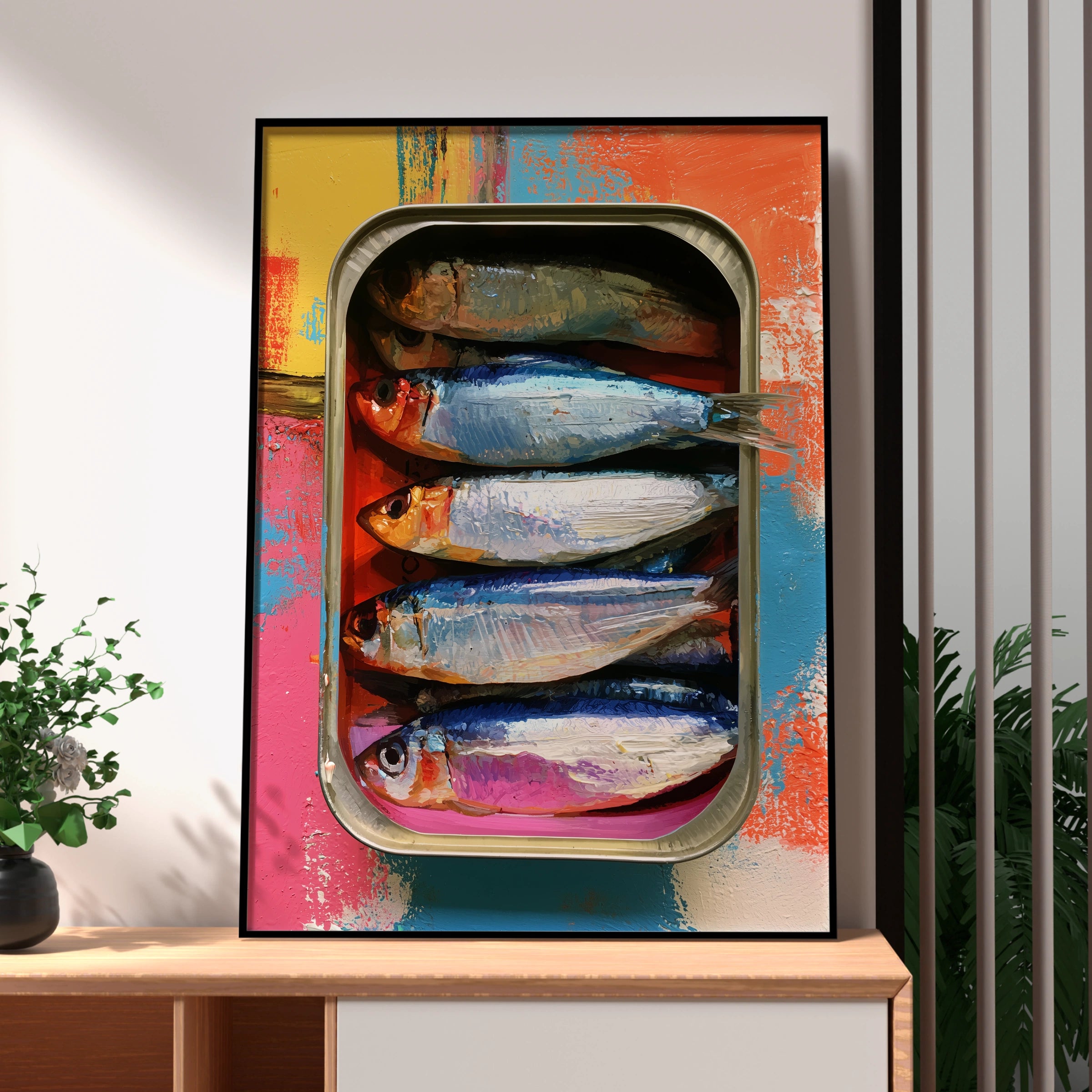 Sardines in a Tray Art Print, Colourful Fish Wall Art, Modern Kitchen Decor