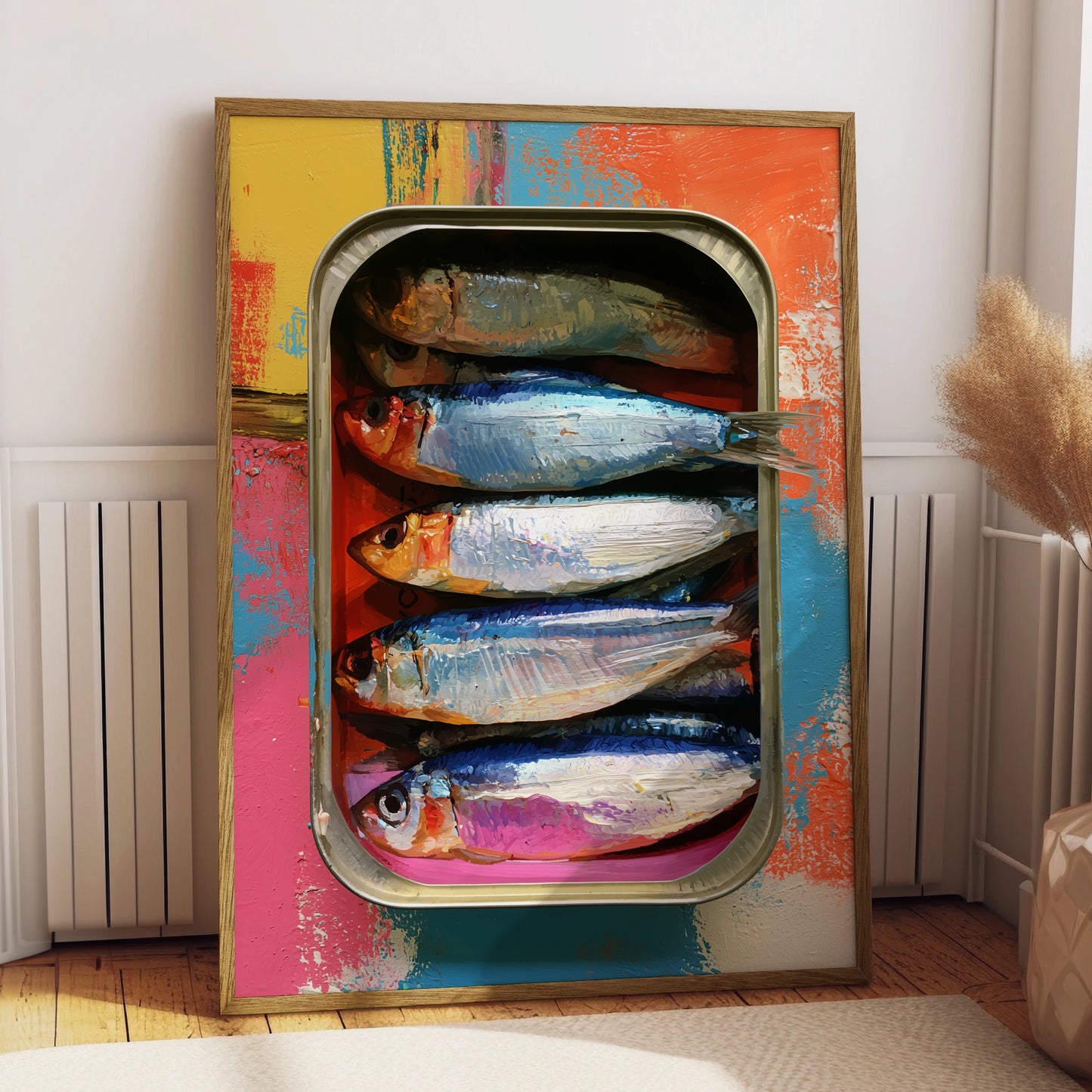 Sardines in a Tray Art Print, Colourful Fish Wall Art, Modern Kitchen Decor