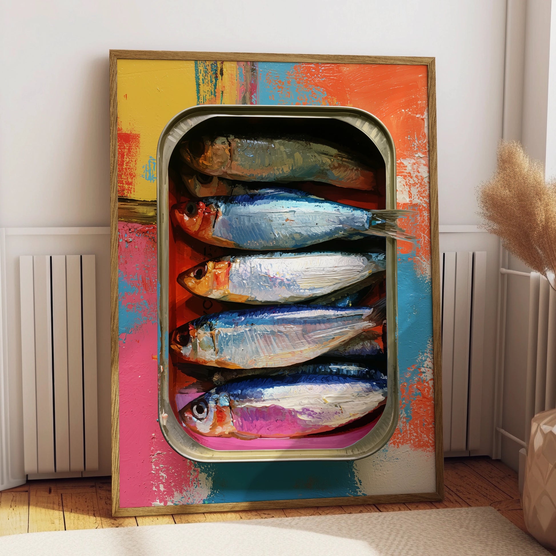 Sardines in a Tray Art Print, Colourful Fish Wall Art, Modern Kitchen Decor