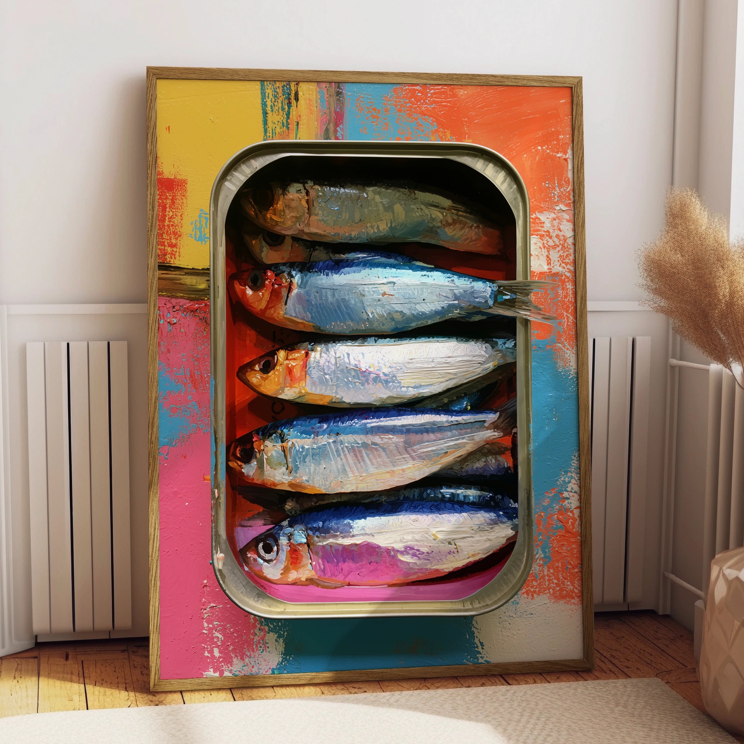 Sardines in a Tray Art Print, Colourful Fish Wall Art, Modern Kitchen Decor