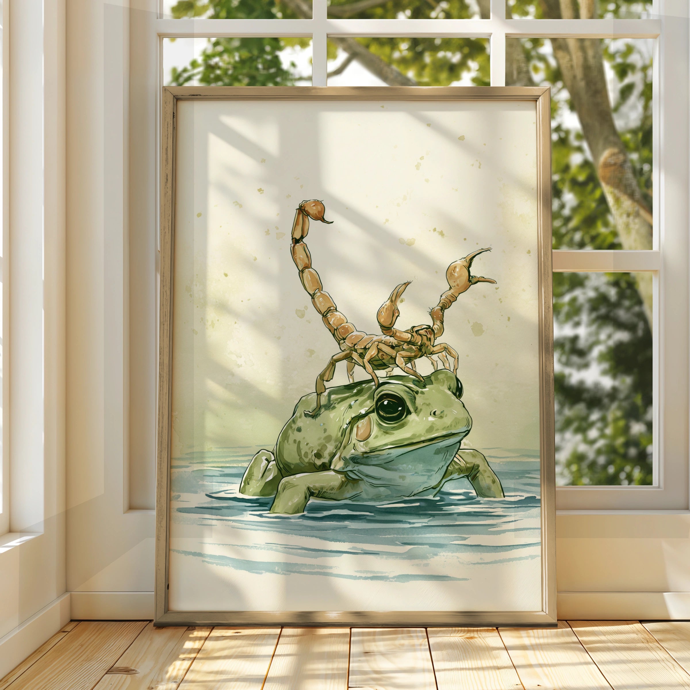 Frog with Scorpion Art Print, Unique Wall Decor, Playful Nature Illustration, Ideal for Animal Lovers