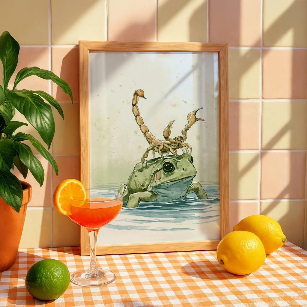 Frog with Scorpion Art Print, Unique Wall Decor, Playful Nature Illustration, Ideal for Animal Lovers