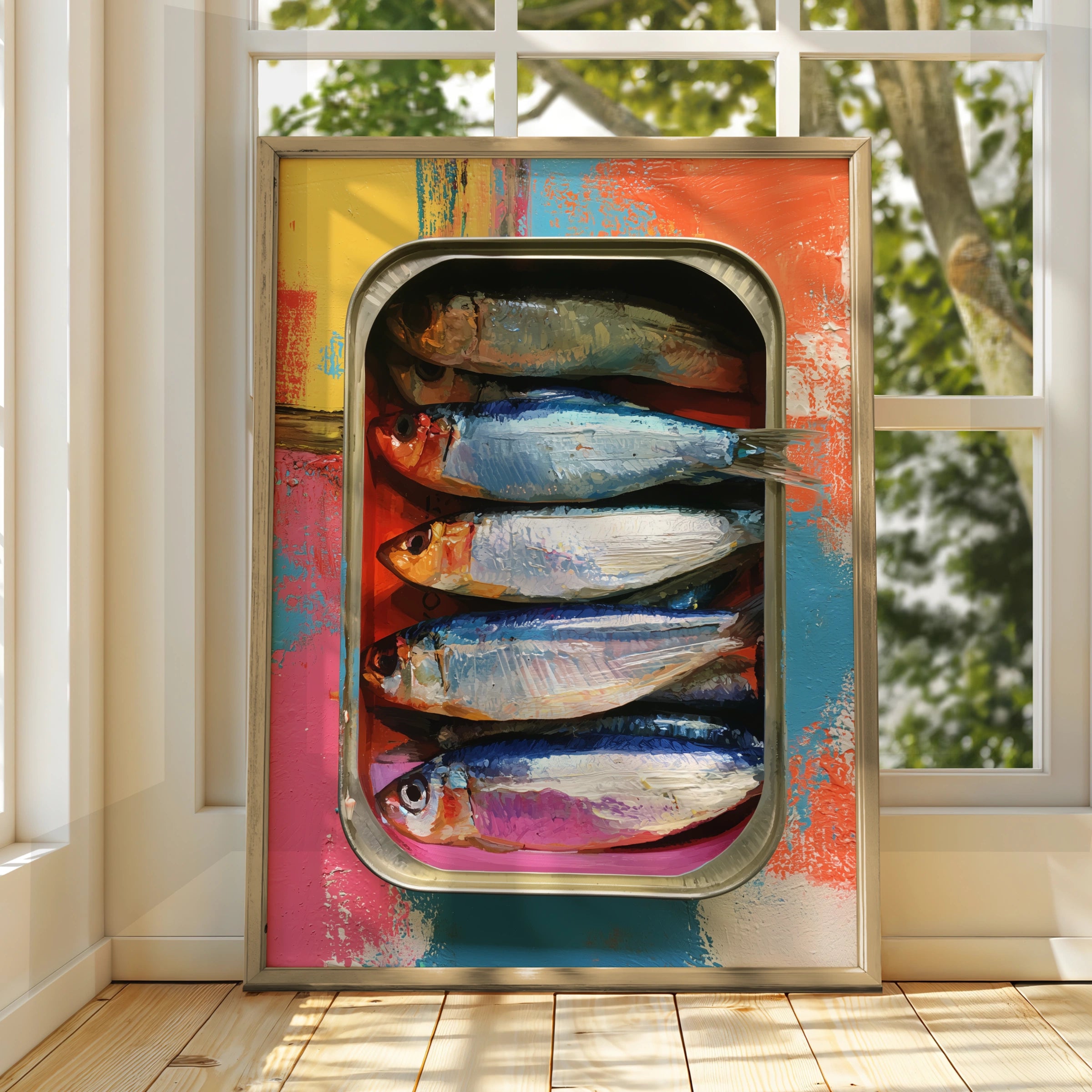 Sardines in a Tray Art Print, Colourful Fish Wall Art, Modern Kitchen Decor