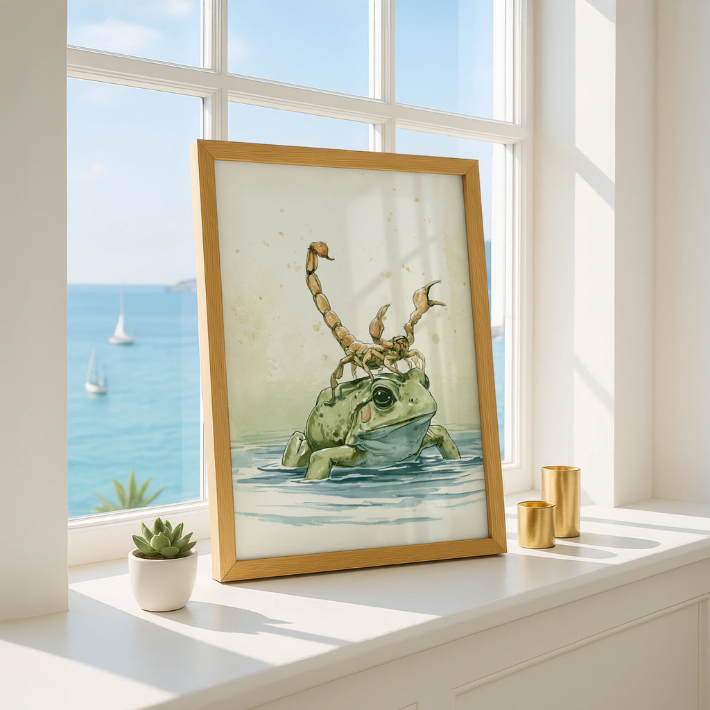 Frog with Scorpion Art Print, Unique Wall Decor, Playful Nature Illustration, Ideal for Animal Lovers