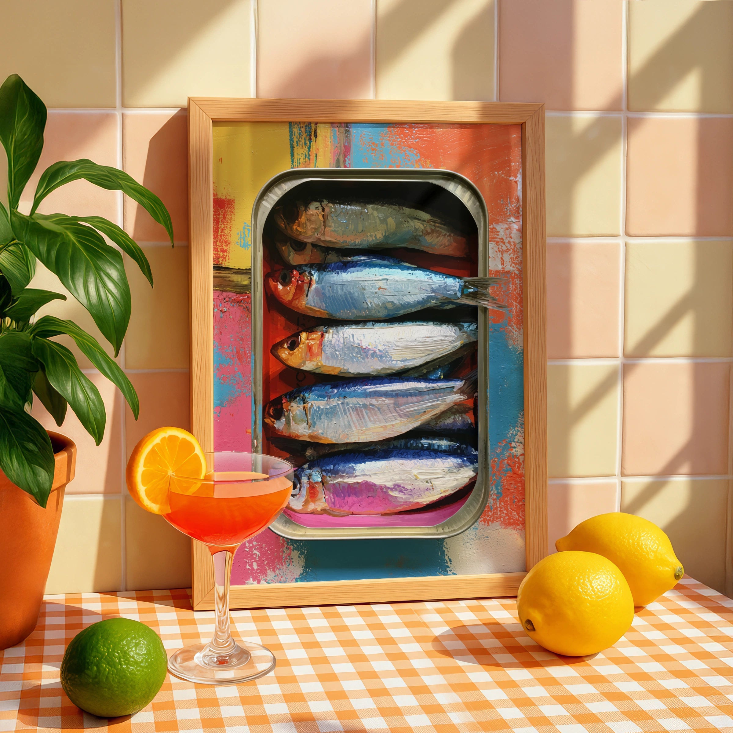 Sardines in a Tray Art Print, Colourful Fish Wall Art, Modern Kitchen Decor