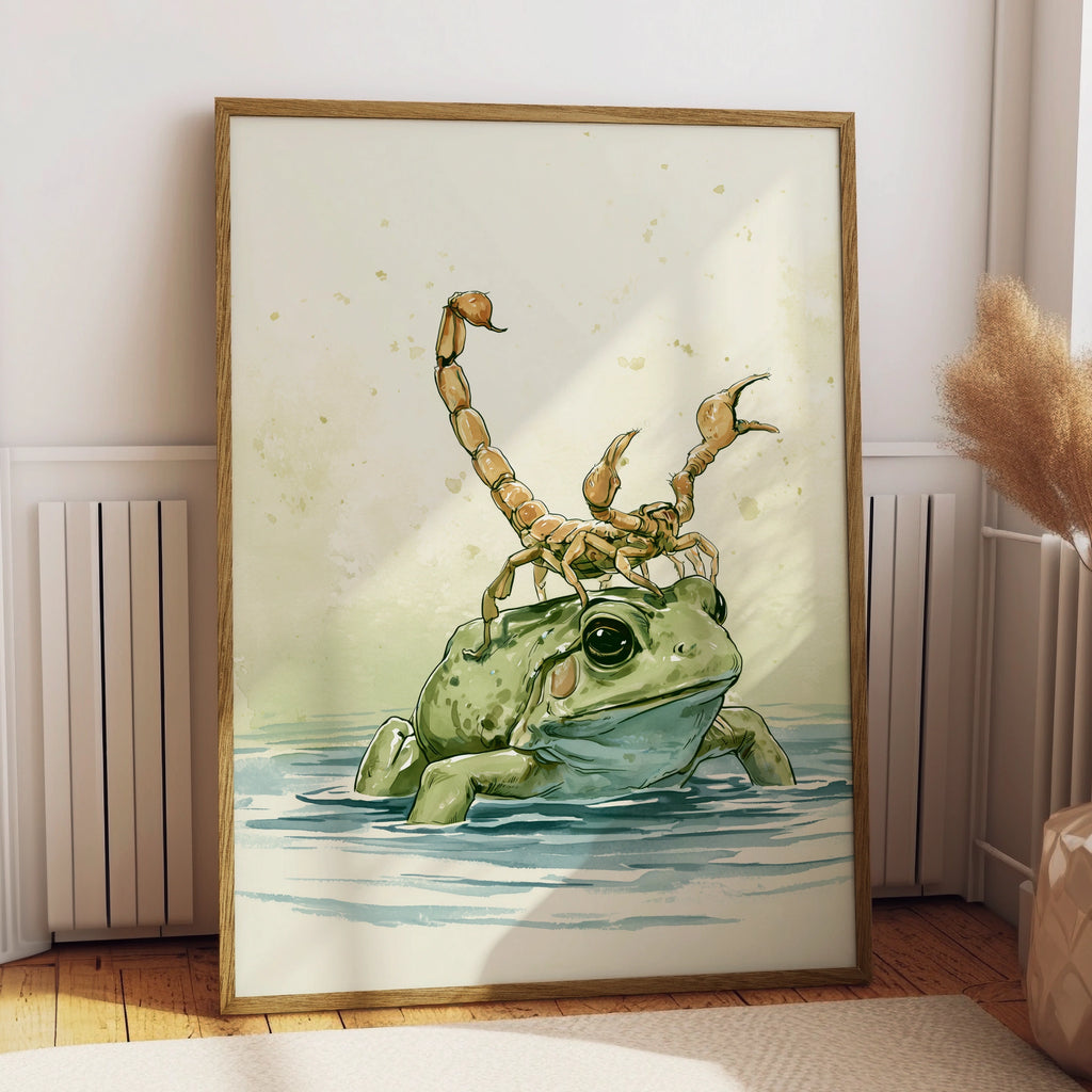 Frog with Scorpion Art Print, Unique Wall Decor, Playful Nature Illustration, Ideal for Animal Lovers