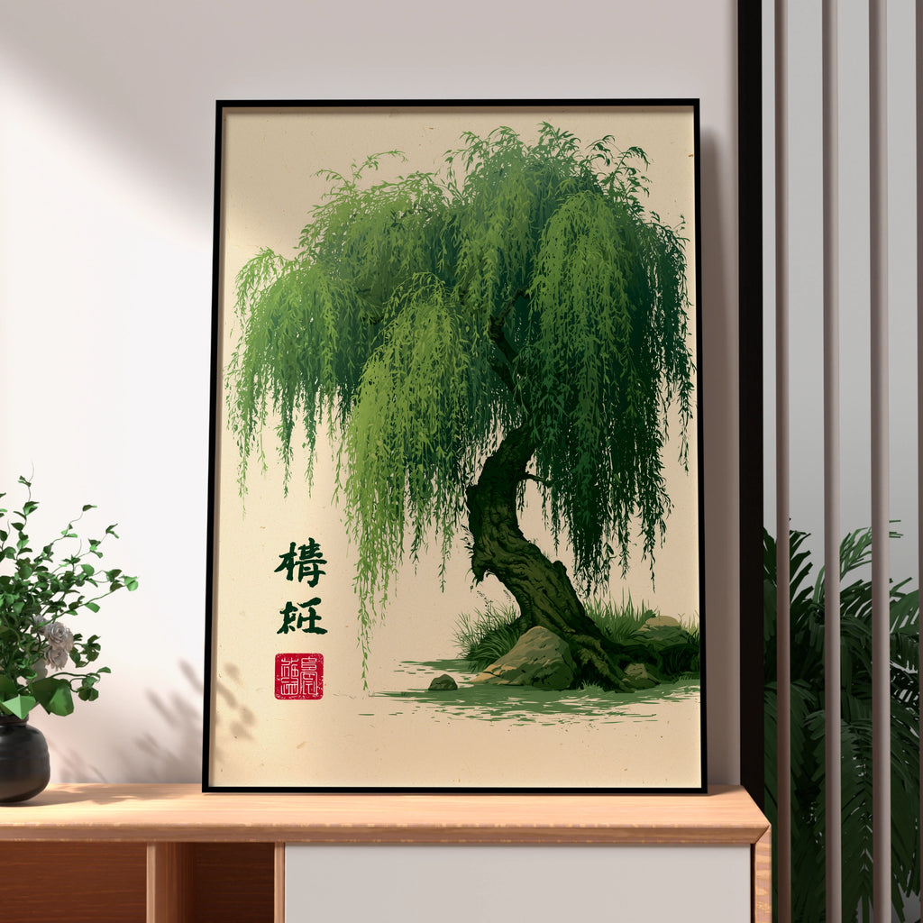 Willow Tree Art Print, Botanical Wall Decor, Green Nature Illustration, Minimalist Style