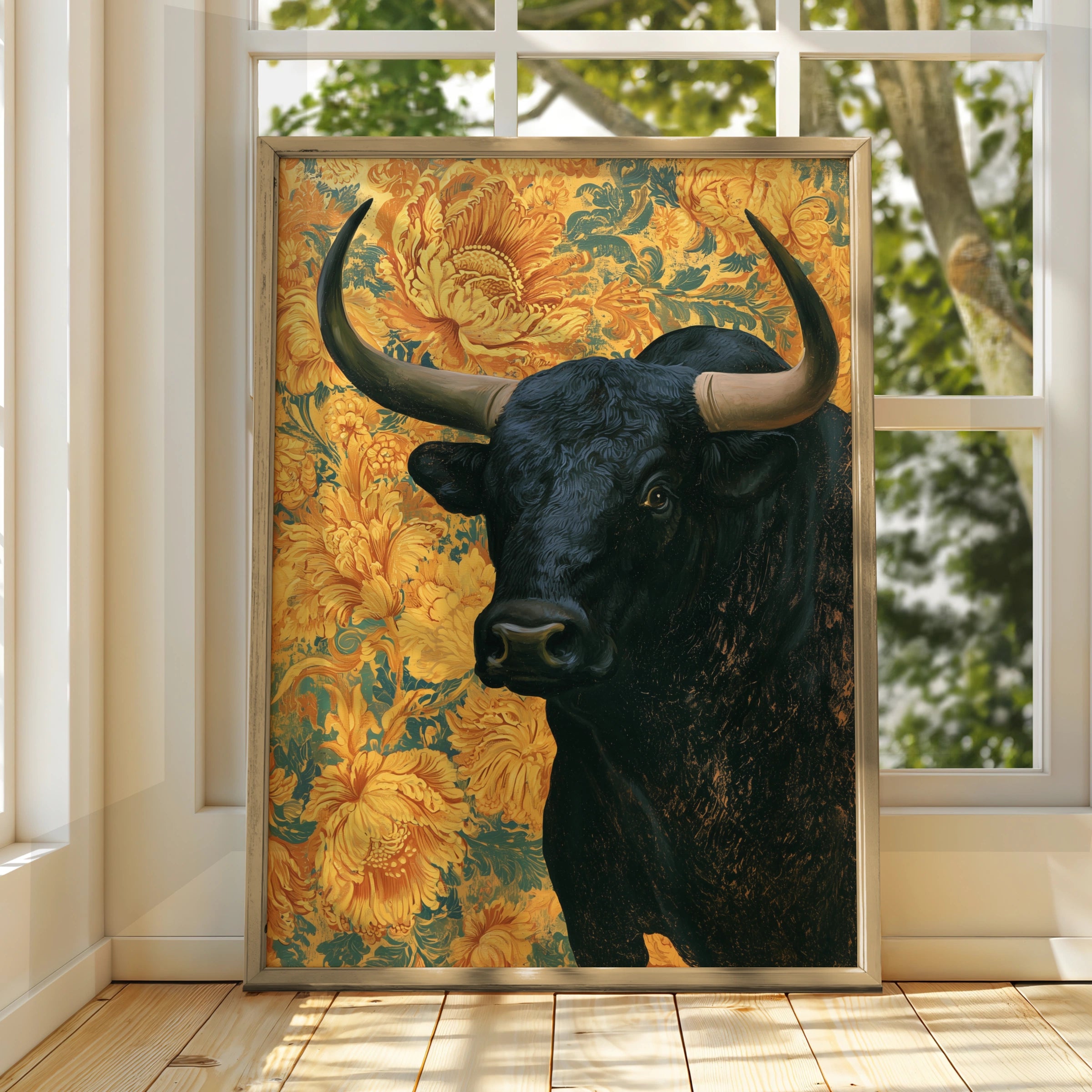 Bull Portrait Wall Art, Black Bull Decor, Floral Background, Vintage Style, Unique Home Accents