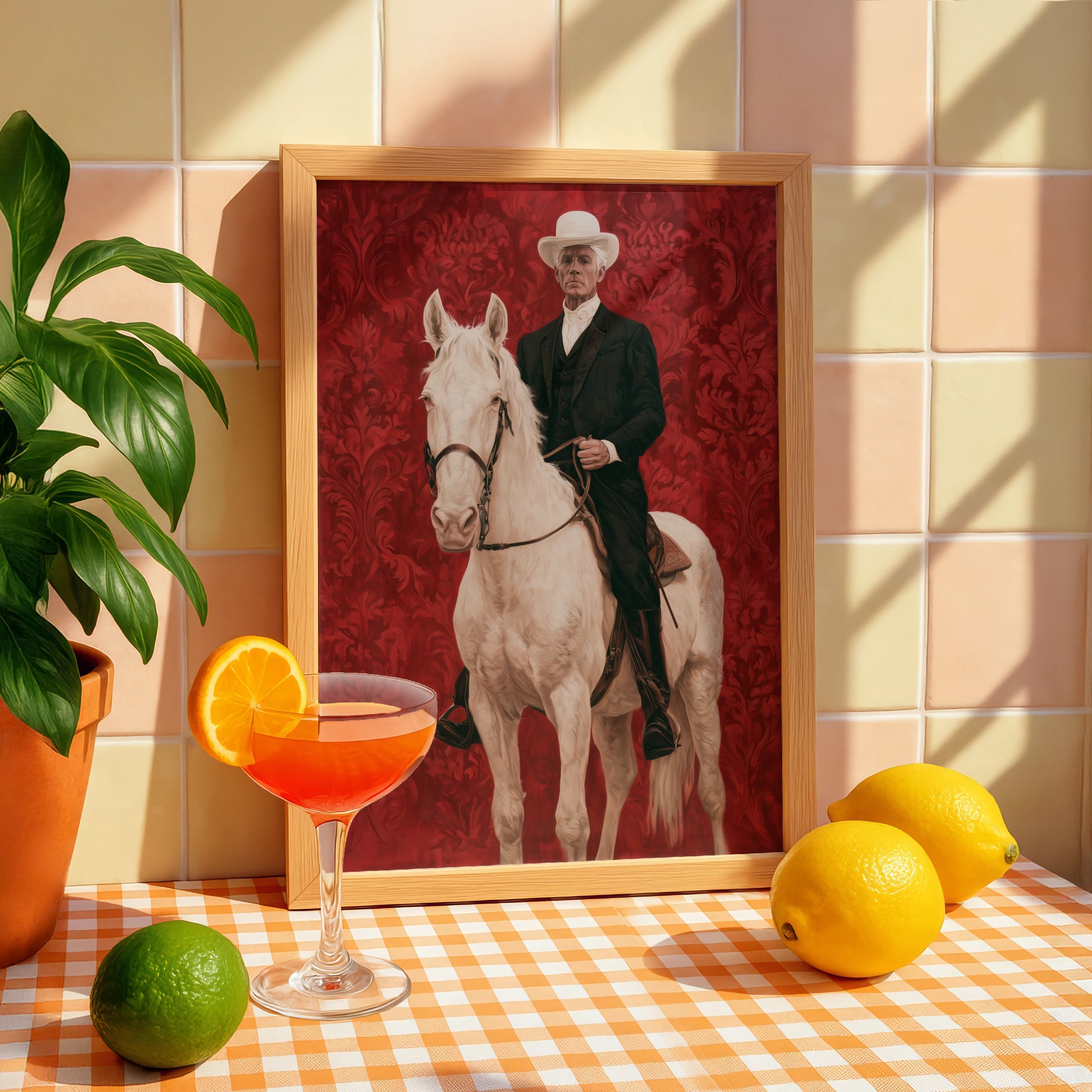 Horseman, Equestrian Art, Vintage Style Print, Dramatic Red Background