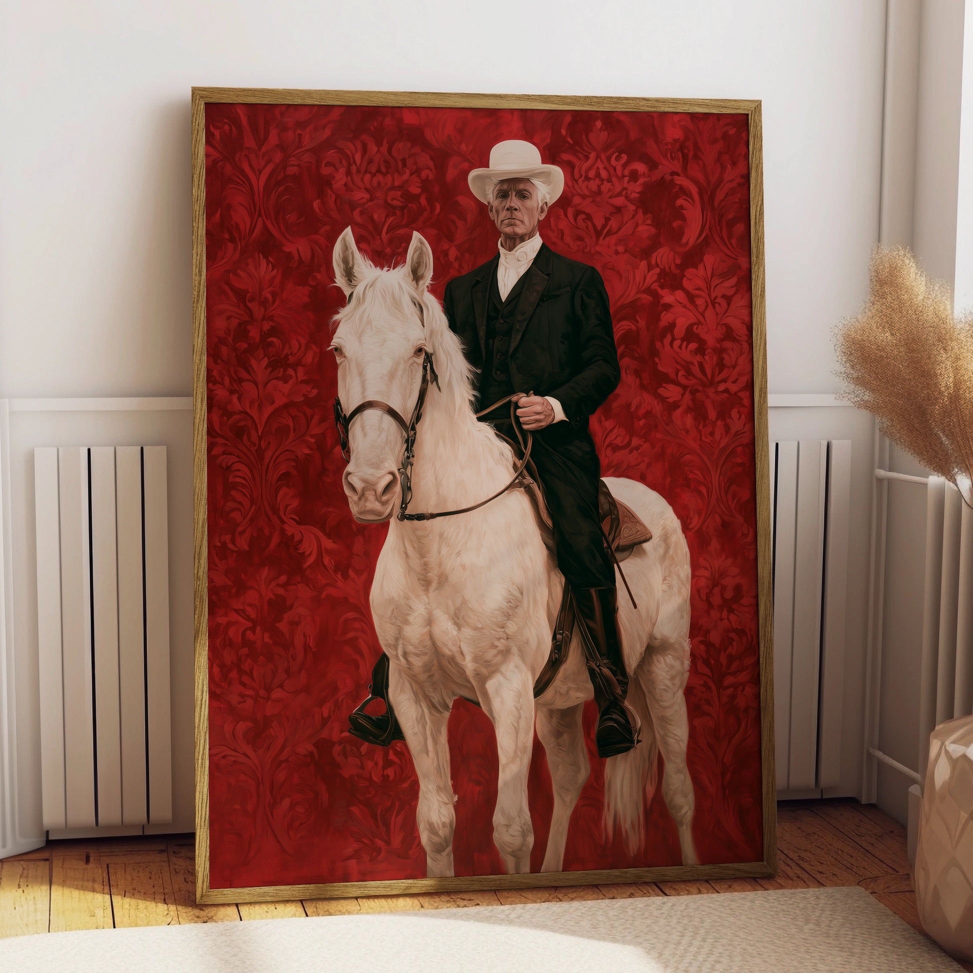 Horseman, Equestrian Art, Vintage Style Print, Dramatic Red Background