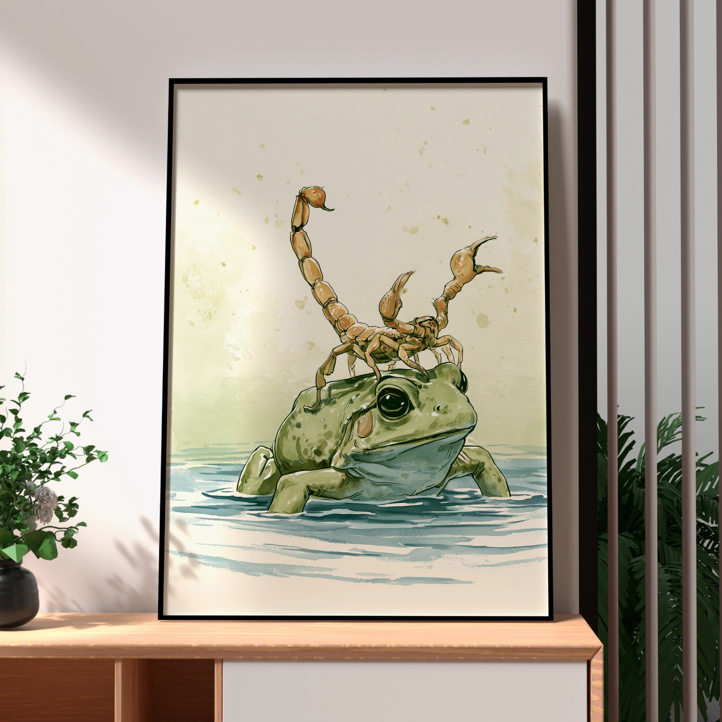 Frog with Scorpion Art Print, Unique Wall Decor, Playful Nature Illustration, Ideal for Animal Lovers