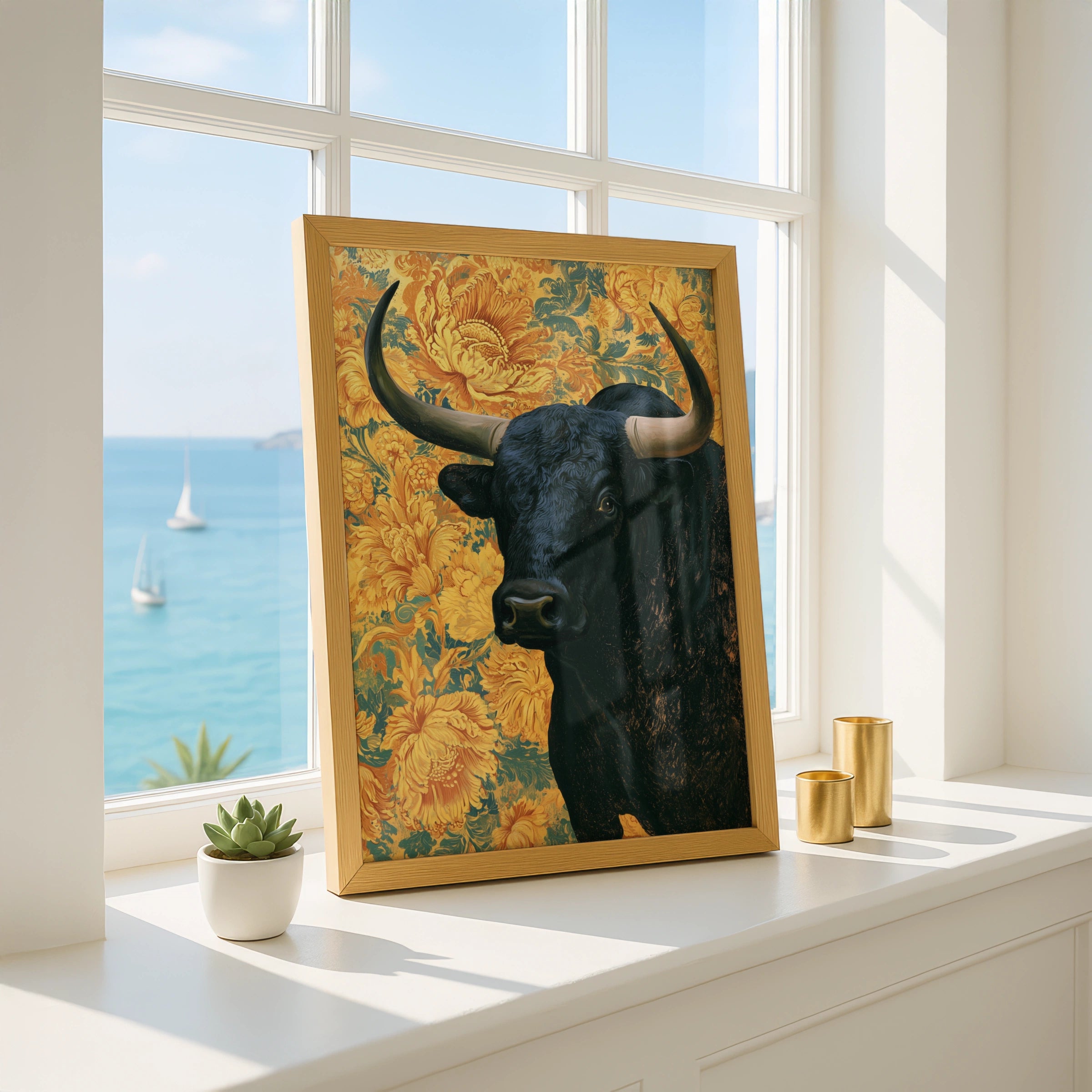 Bull Portrait Wall Art, Black Bull Decor, Floral Background, Vintage Style, Unique Home Accents