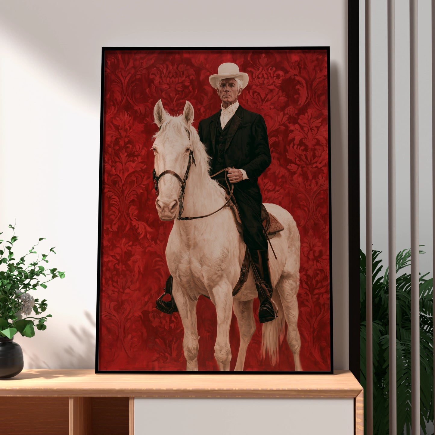 Horseman, Equestrian Art, Vintage Style Print, Dramatic Red Background
