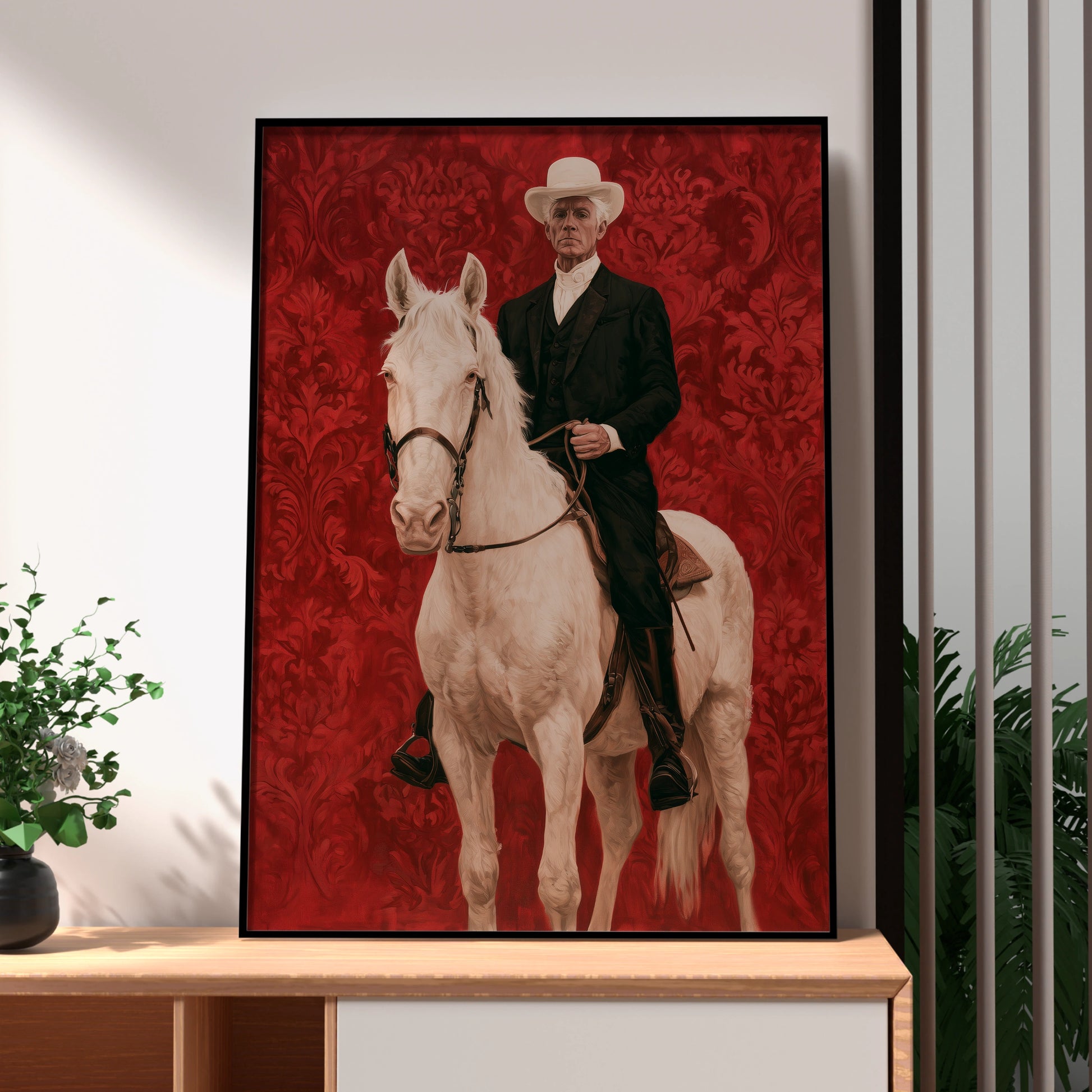 Horseman, Equestrian Art, Vintage Style Print, Dramatic Red Background