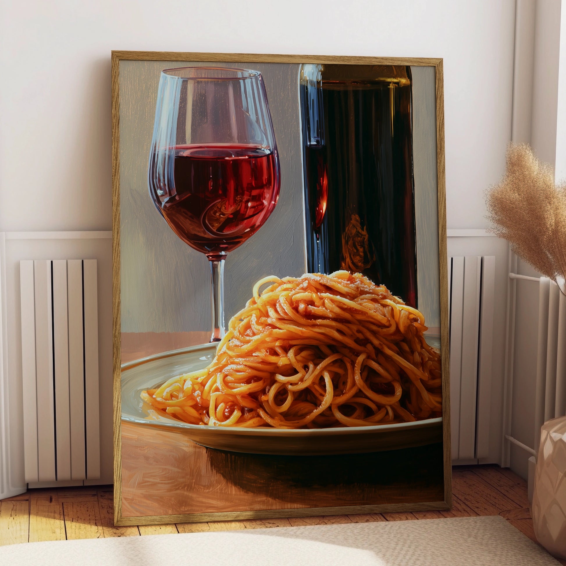 Pasta and Wine Still Life Art Print, Italian Kitchen Decor, Culinary Wall Art