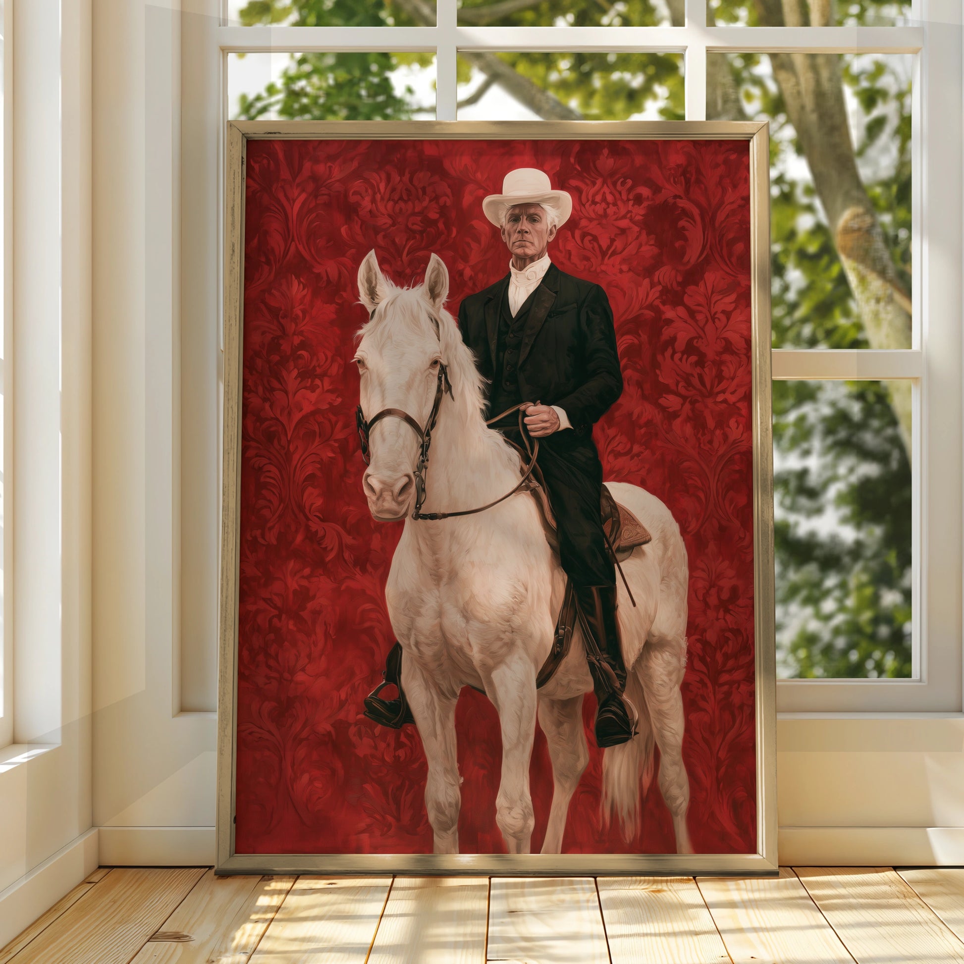 Horseman, Equestrian Art, Vintage Style Print, Dramatic Red Background