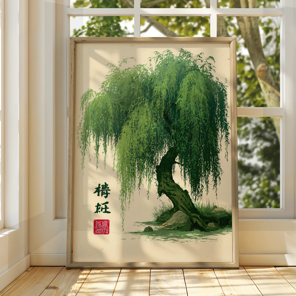 Willow Tree Art Print, Botanical Wall Decor, Green Nature Illustration, Minimalist Style