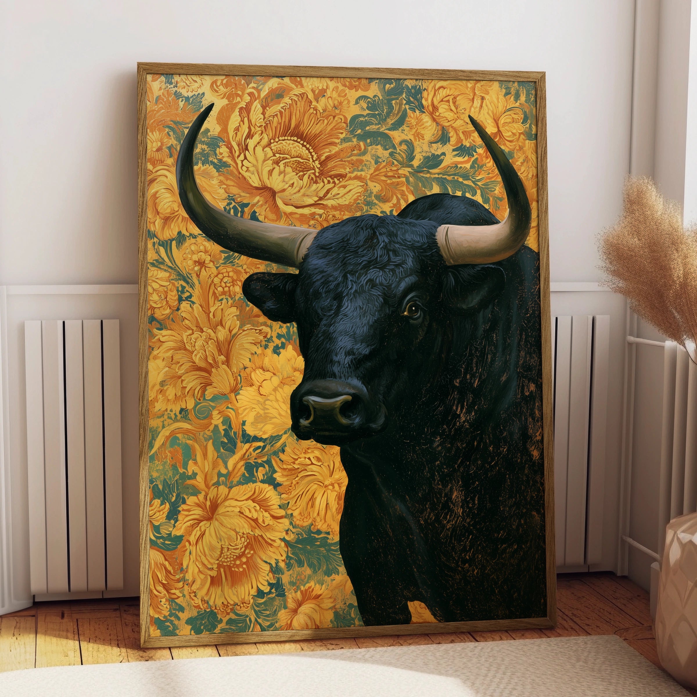 Bull Portrait Wall Art, Black Bull Decor, Floral Background, Vintage Style, Unique Home Accents