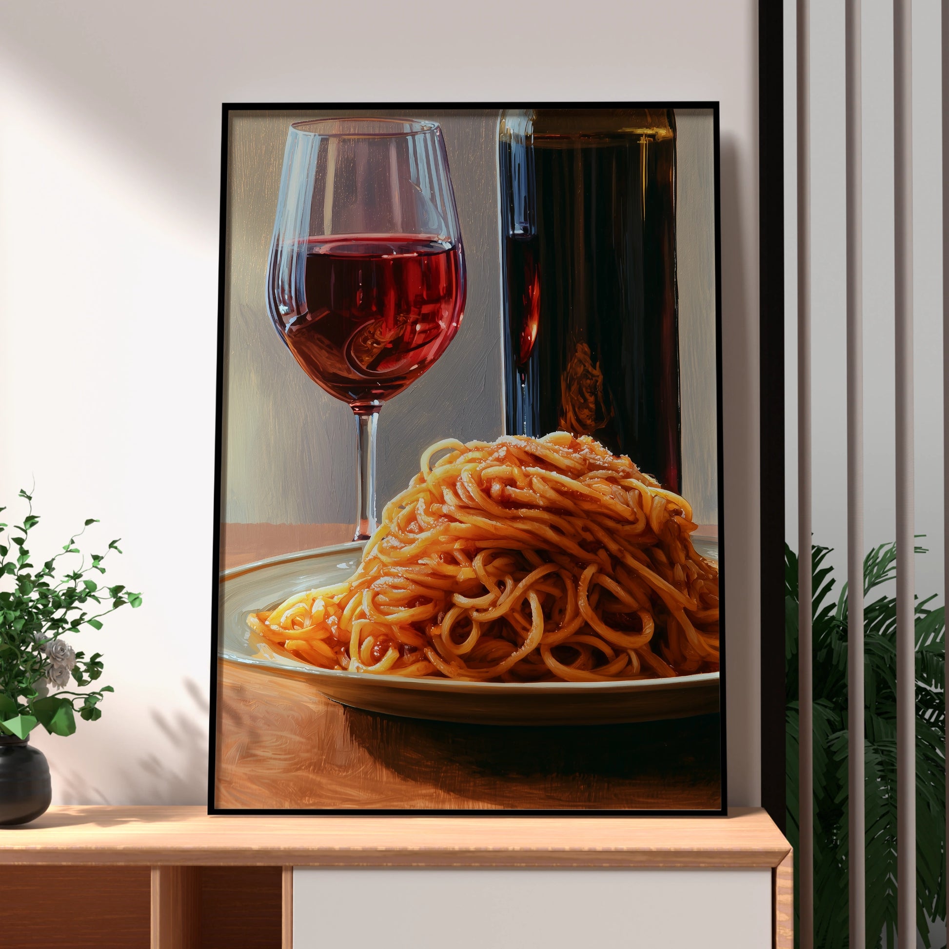 Pasta and Wine Still Life Art Print, Italian Kitchen Decor, Culinary Wall Art