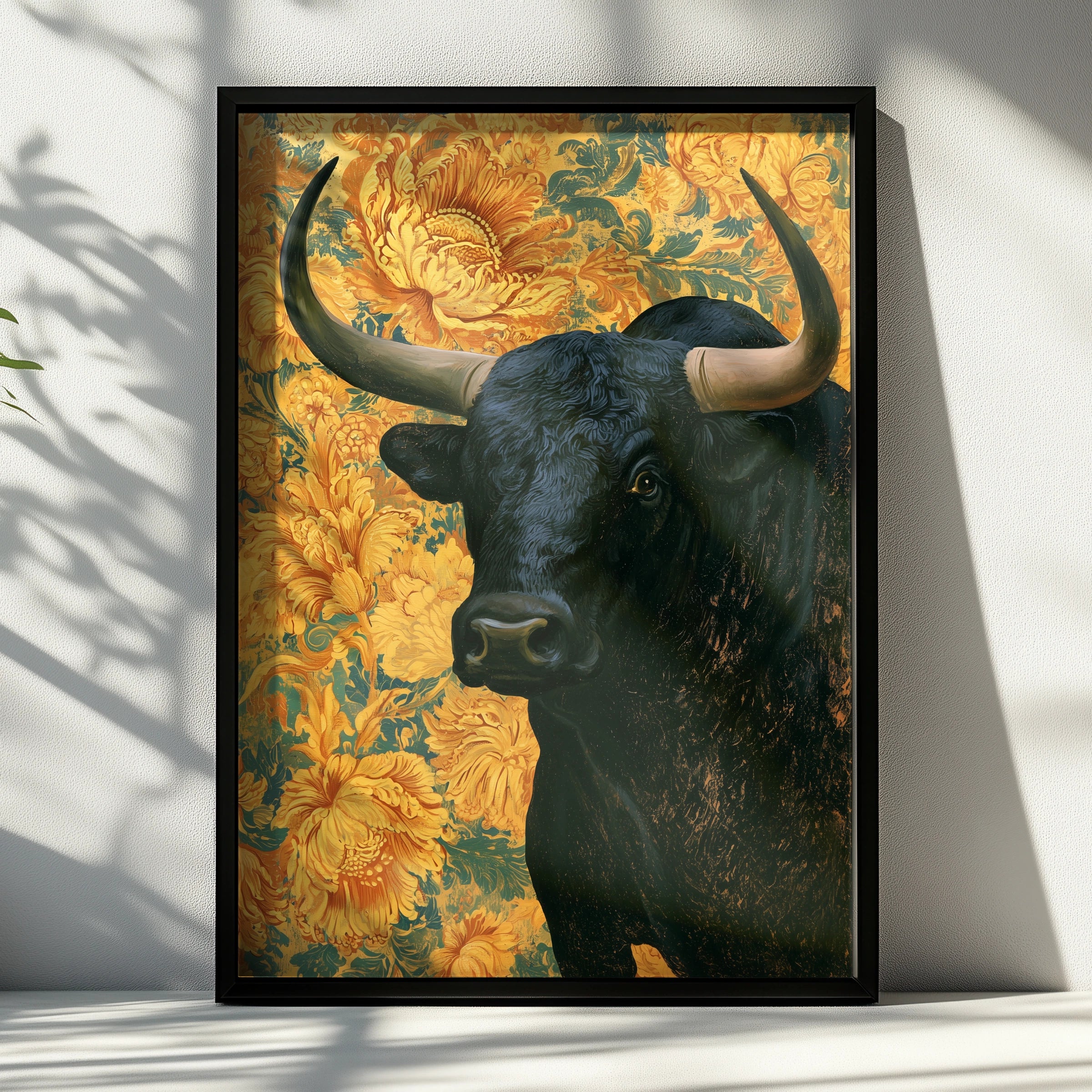 Bull Portrait Wall Art, Black Bull Decor, Floral Background, Vintage Style, Unique Home Accents