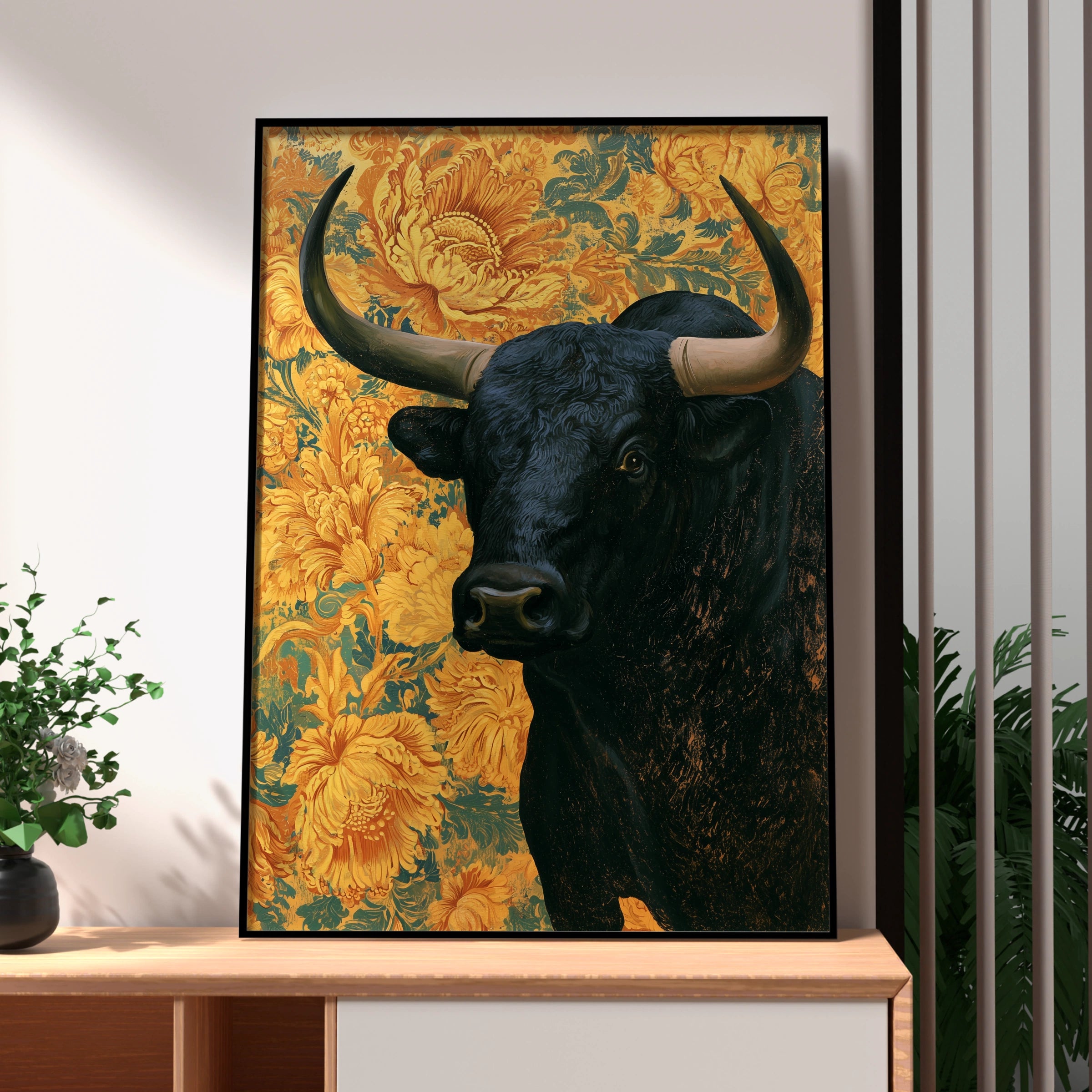 Bull Portrait Wall Art, Black Bull Decor, Floral Background, Vintage Style, Unique Home Accents