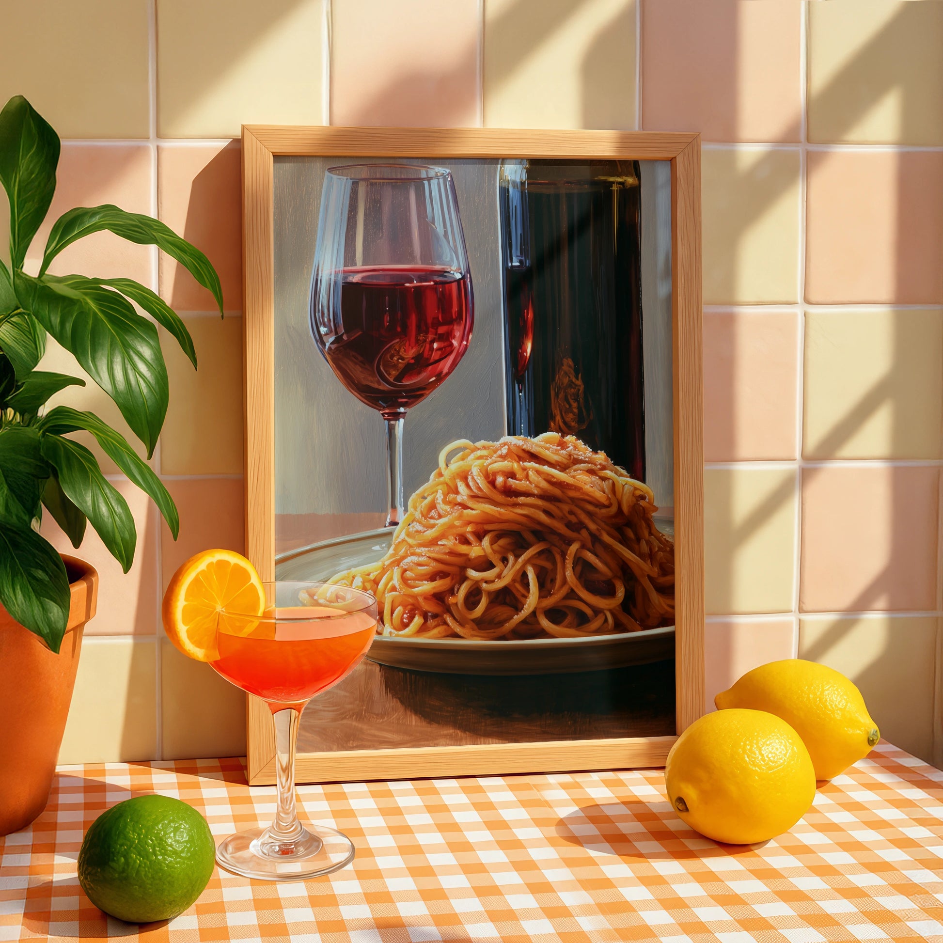 Pasta and Wine Still Life Art Print, Italian Kitchen Decor, Culinary Wall Art