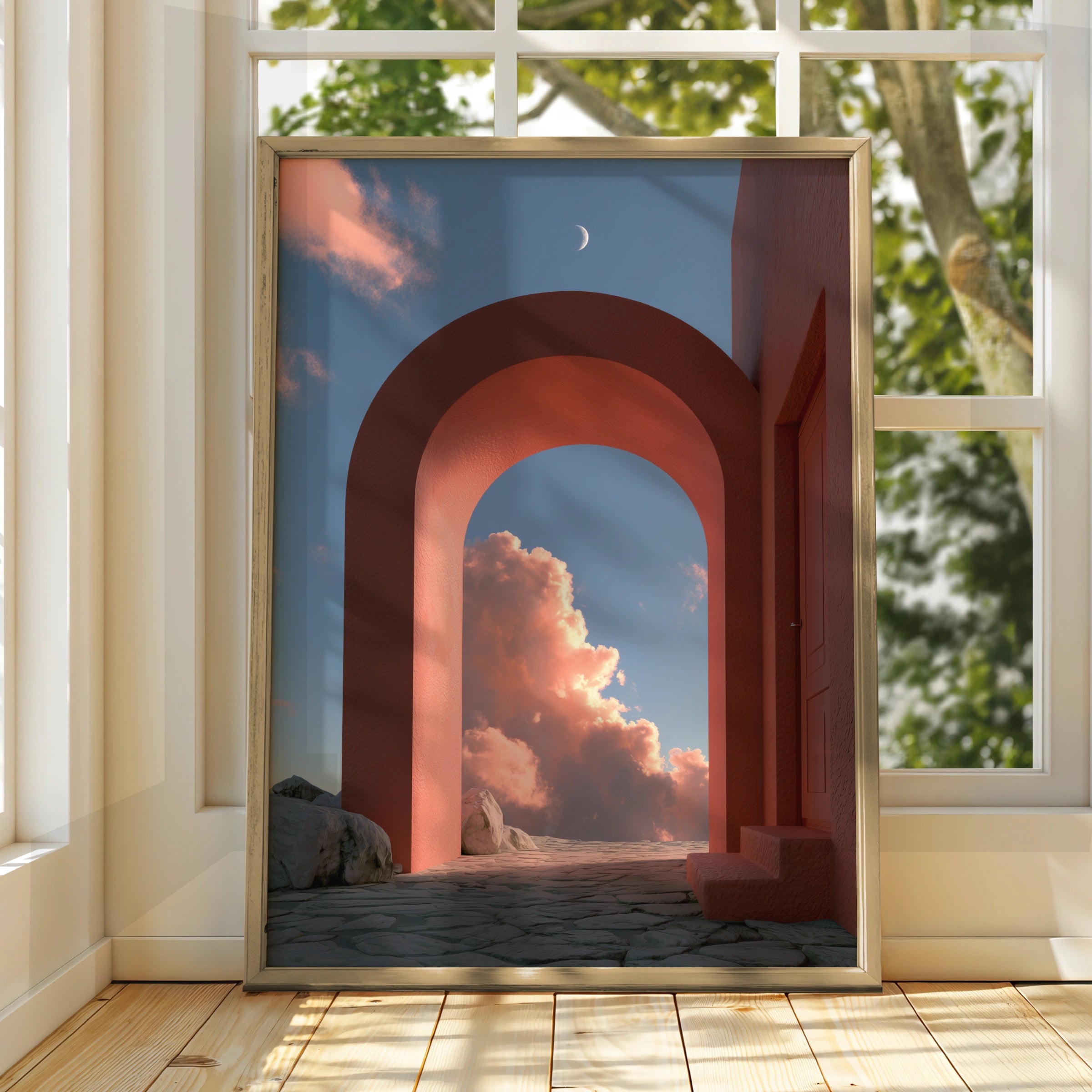 Vibrant Red Archway, Surreal Cloudy Sky, Modern Art Print, Minimalist Decor