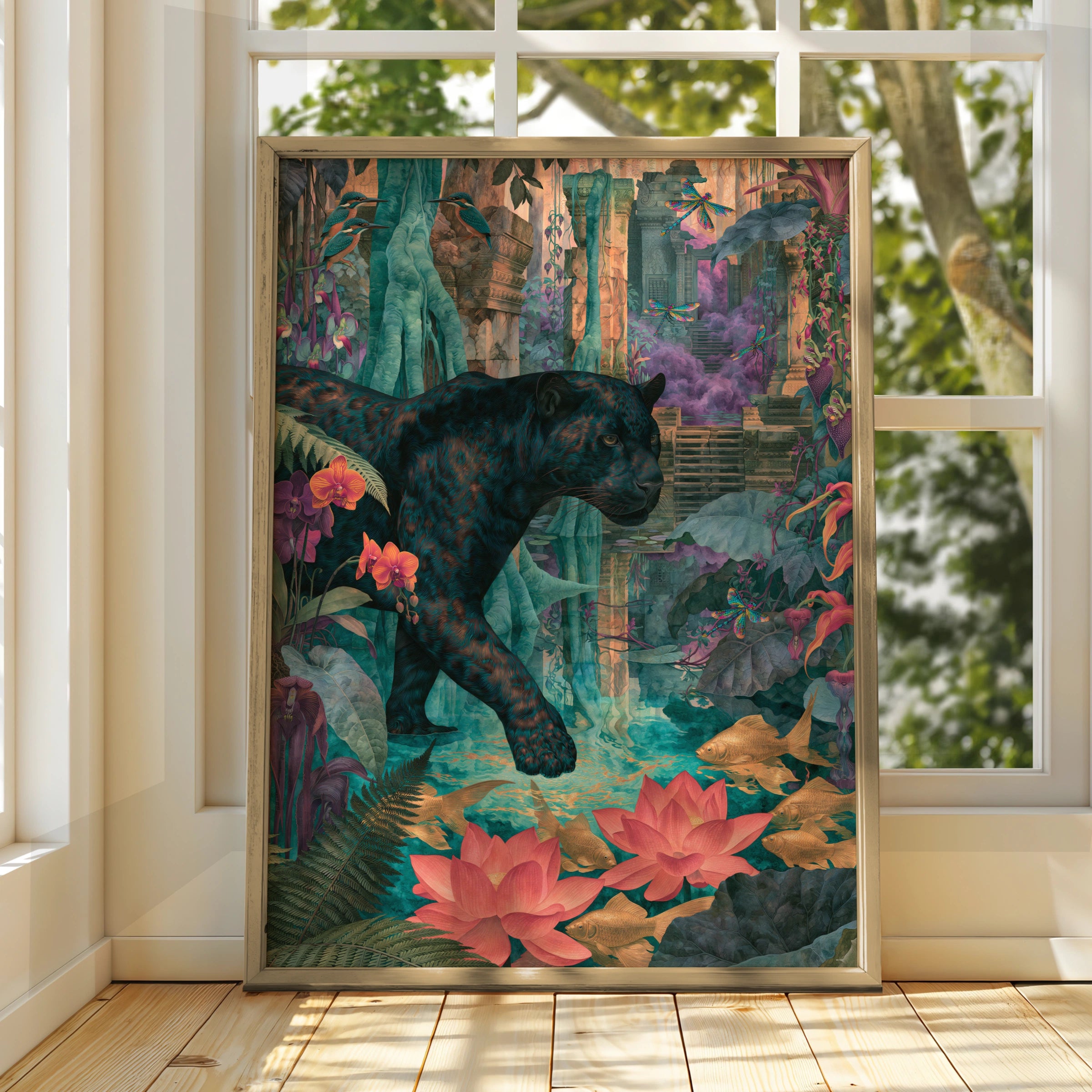 Panther in Lush Jungle Scene, Art Print, Vibrant Wildlife Decor, Tropical Botanical
