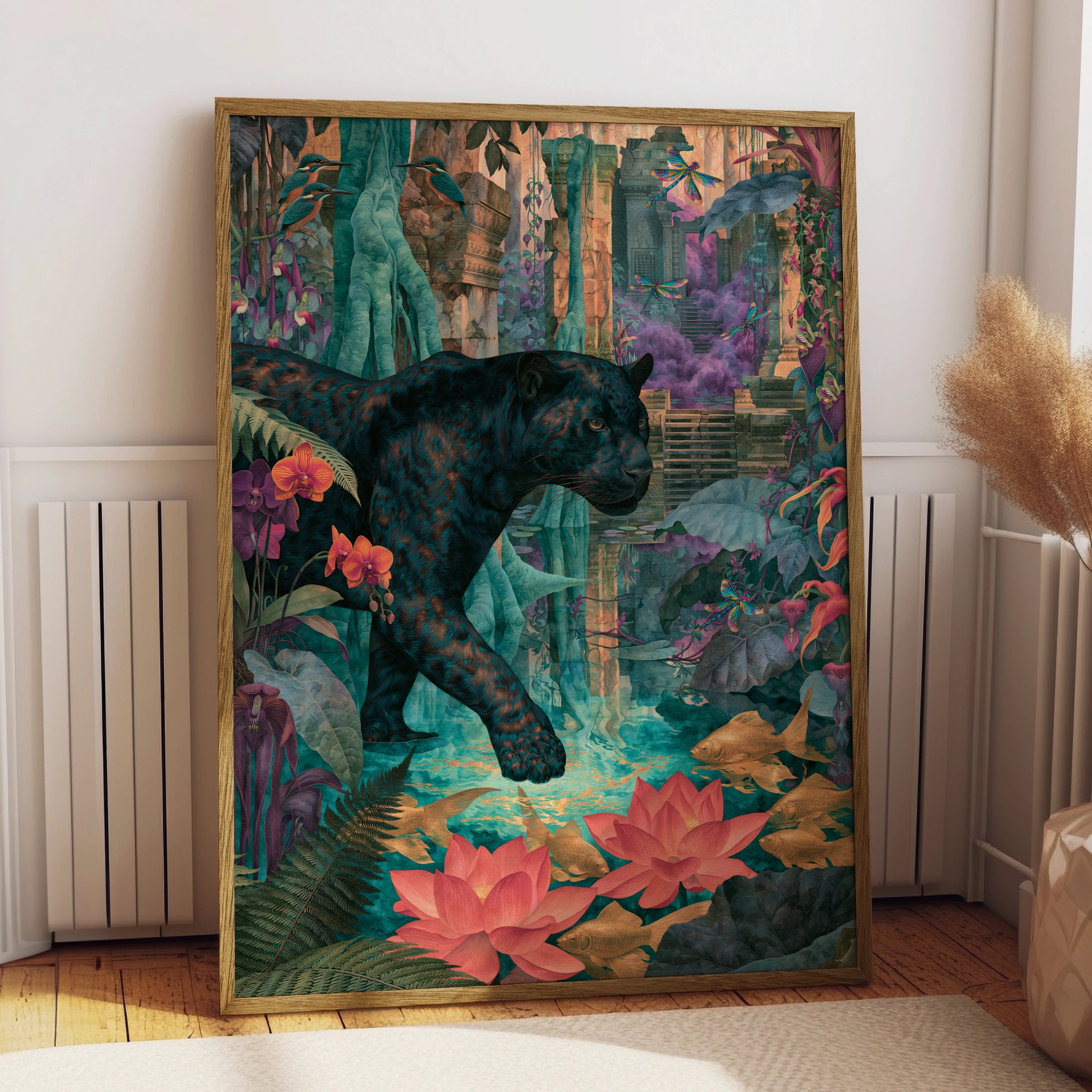 Panther in Lush Jungle Scene, Art Print, Vibrant Wildlife Decor, Tropical Botanical