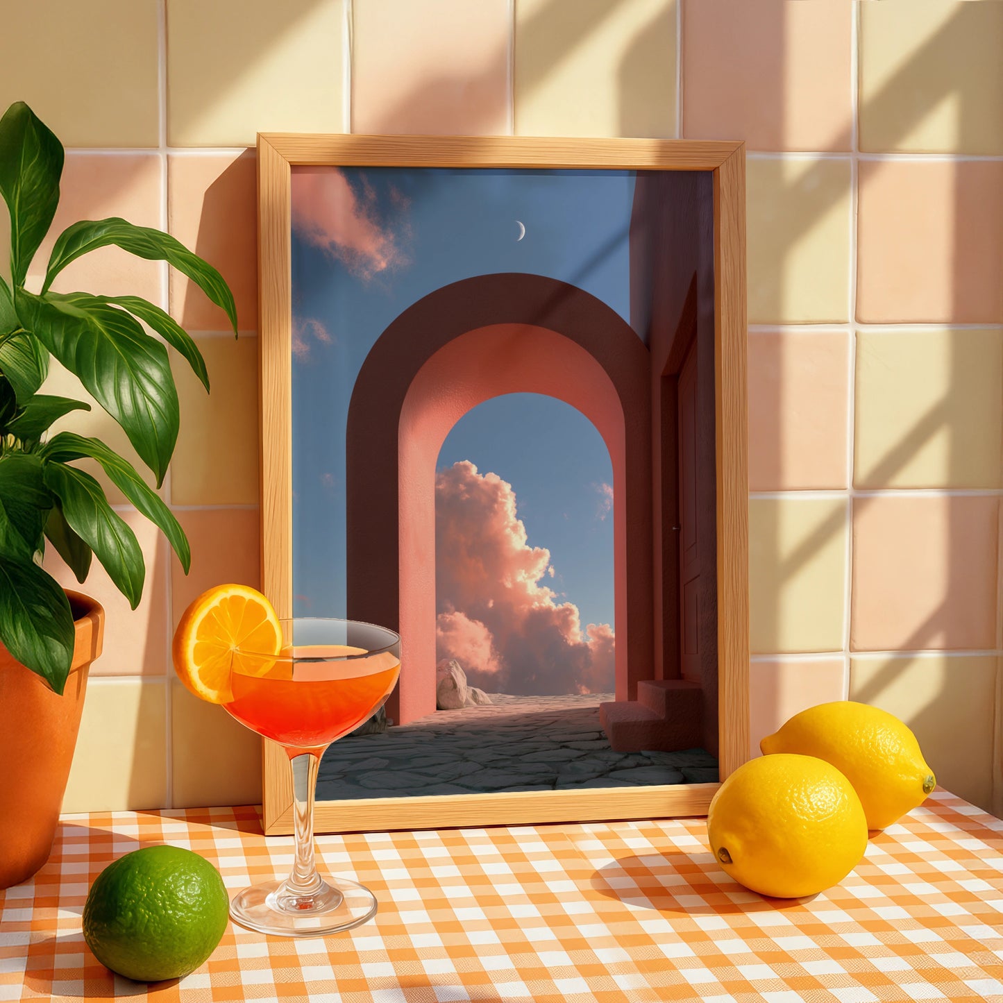 Vibrant Red Archway, Surreal Cloudy Sky, Modern Art Print, Minimalist Decor