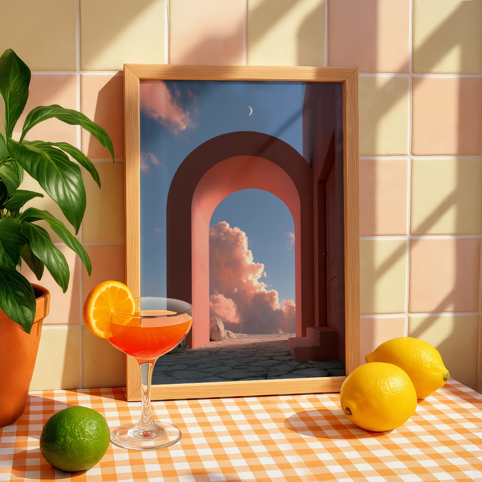 Vibrant Red Archway, Surreal Cloudy Sky, Modern Art Print, Minimalist Decor